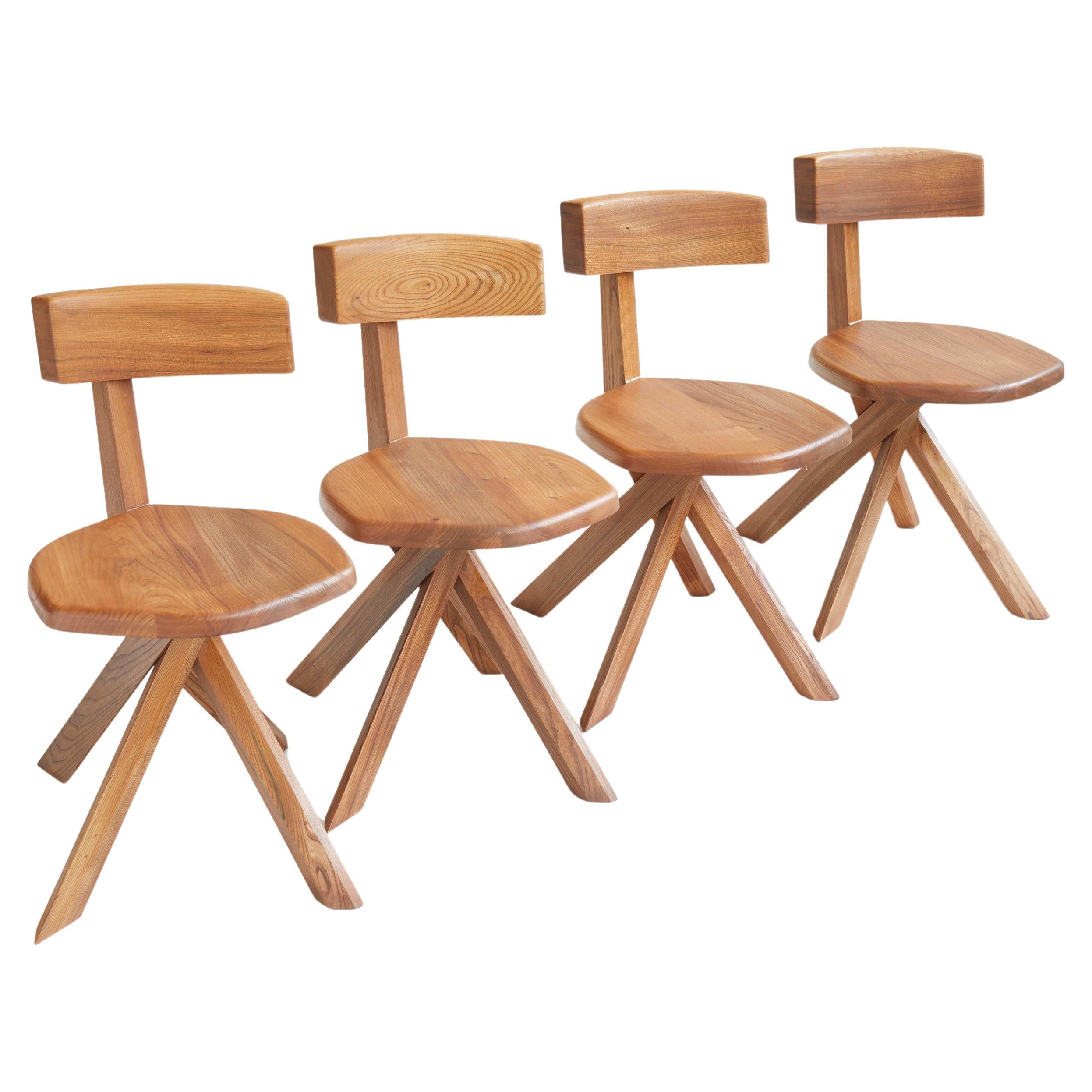 Set of 4 S34 elmwood chairs by Pierre Chapo, early edition France 1970-1980 For Sale