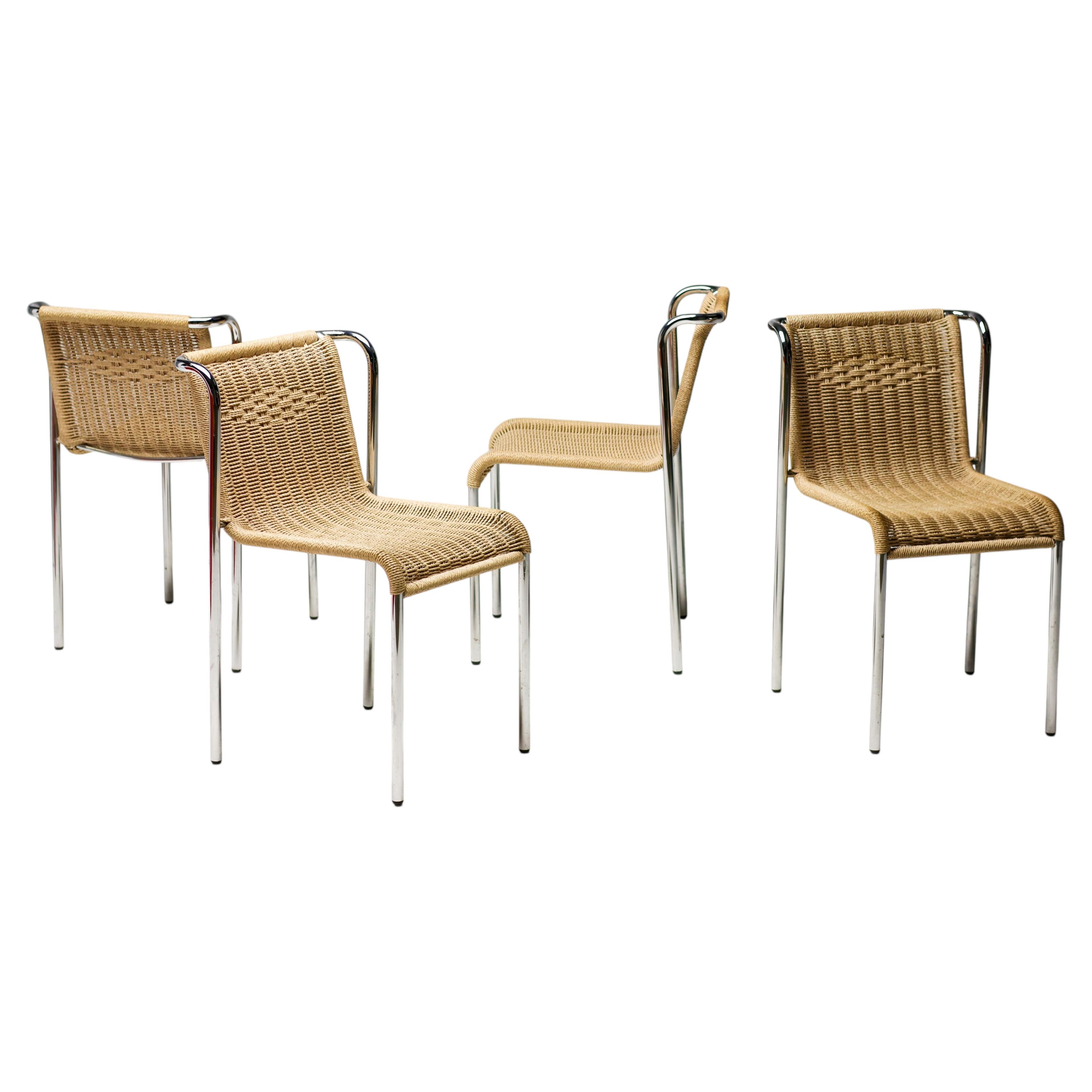 Set di 4 sedie da pranzo S5 di Gabriele Mucchi, Italia, cromate e con corda, 1980