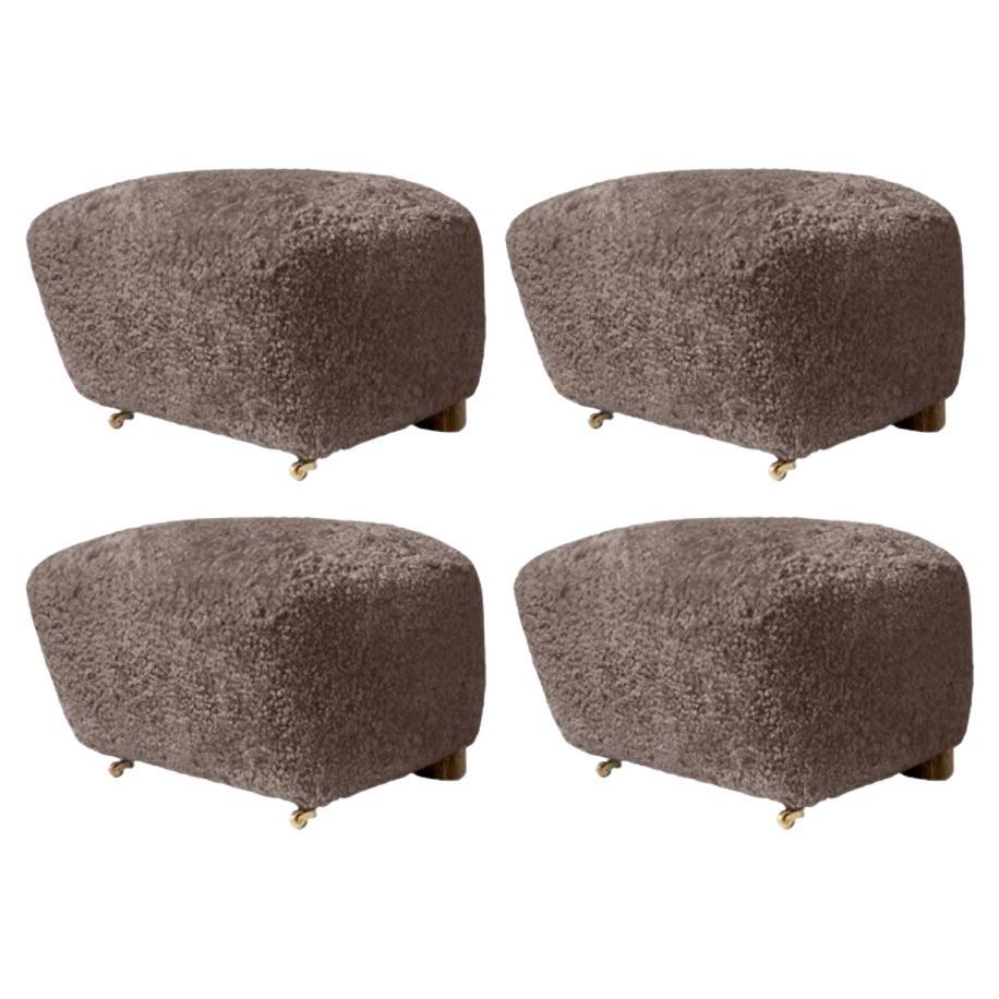 Set of 4 Sahara Smoked Oak Sheepskin the Tired Man Footstools by Lassen For Sale