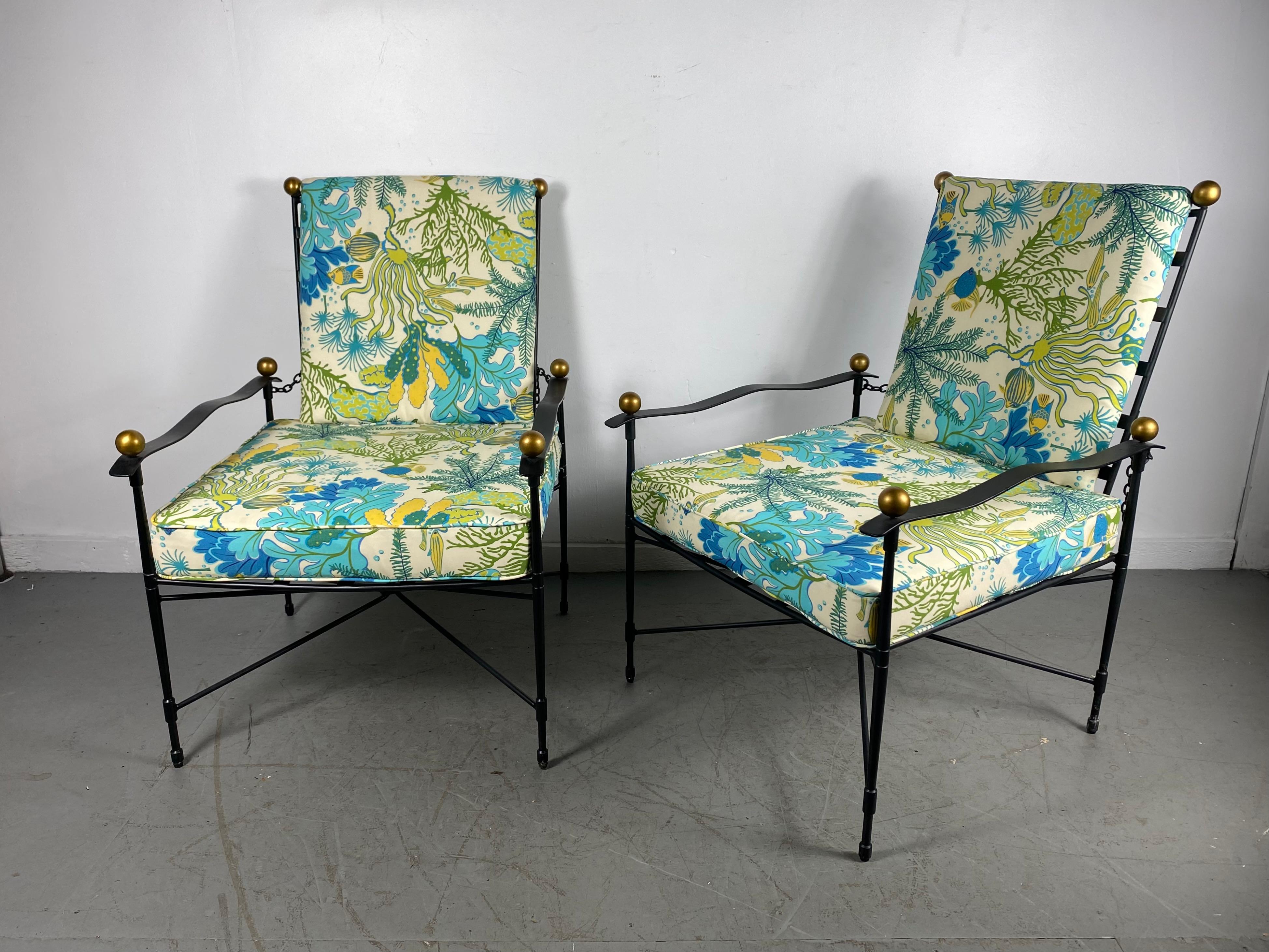 Mario Papperzini designed for John Salterini, set of 4 matching wrought iron adjustable lattice back lounge chairs for indoor or outdoor use. This set has been kept in its original vintage and aged condition, Set retains stunning custom seat and