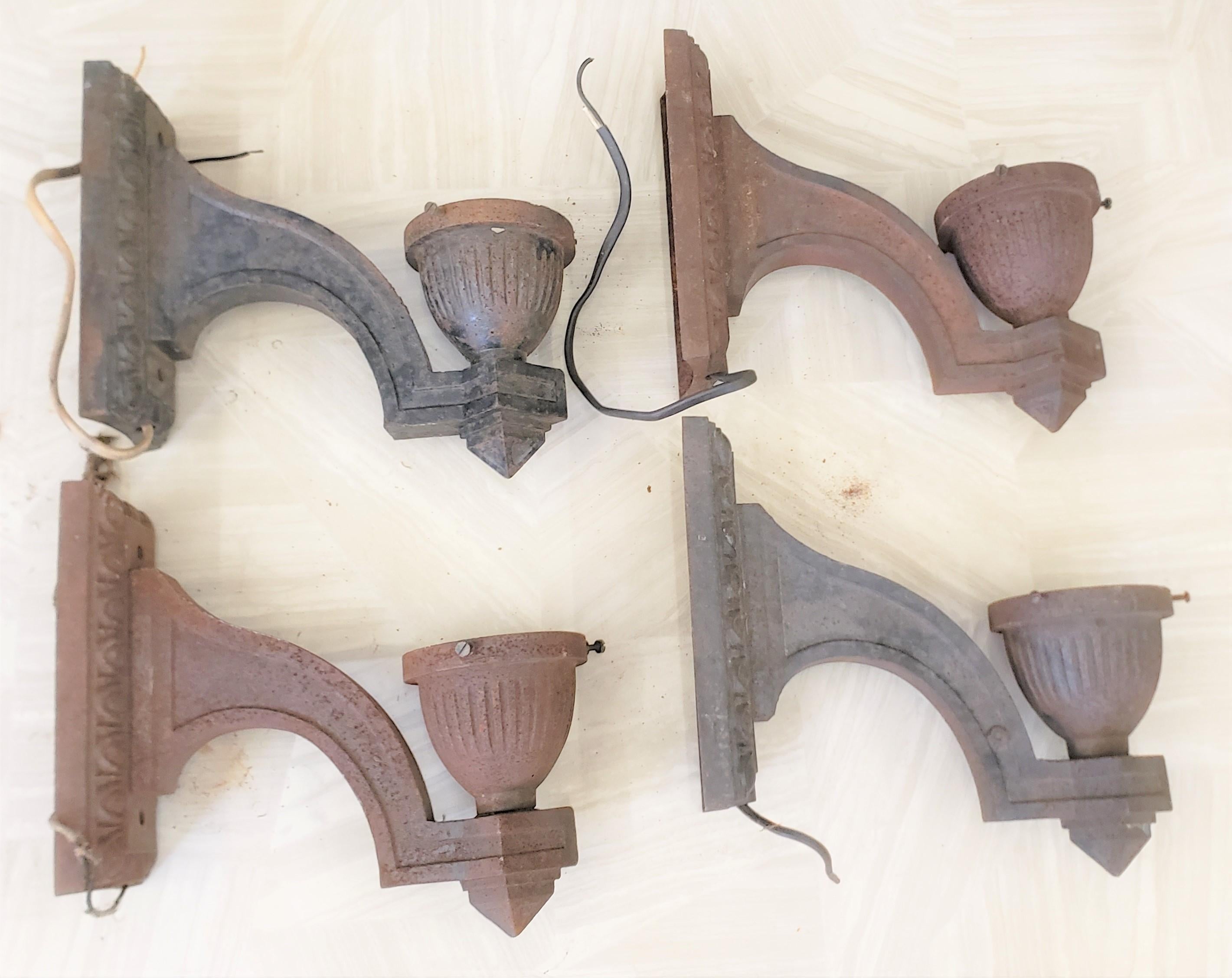 American Set of 4 Salvaged Art Deco Heavy Cast Iron Architectural Outdoor Wall Sconces