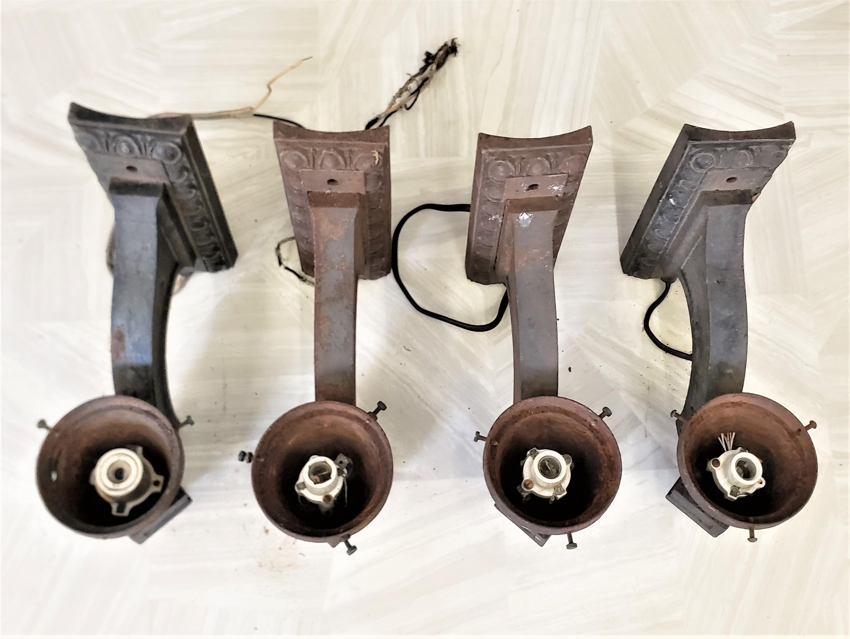 Set of 4 Salvaged Art Deco Heavy Cast Iron Architectural Outdoor Wall Sconces In Good Condition In Hamilton, Ontario