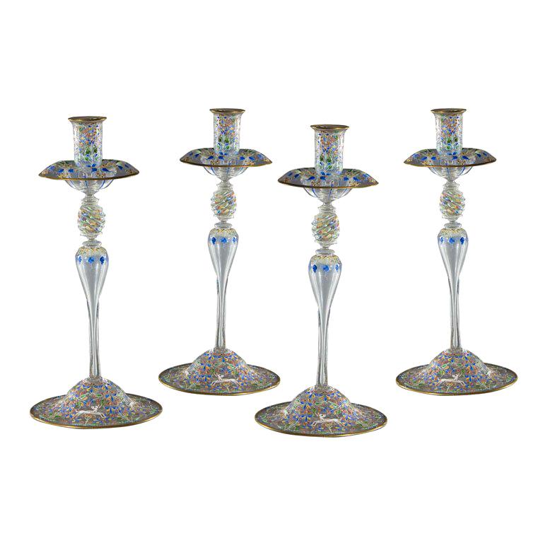 Set of 4 Salviati Hand Blown Venetian Candlesticks Hand Painted Enamels For Sale