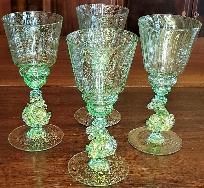 20th Century Set of 4 Salviati Venetian Glass Medium Wine Goblets