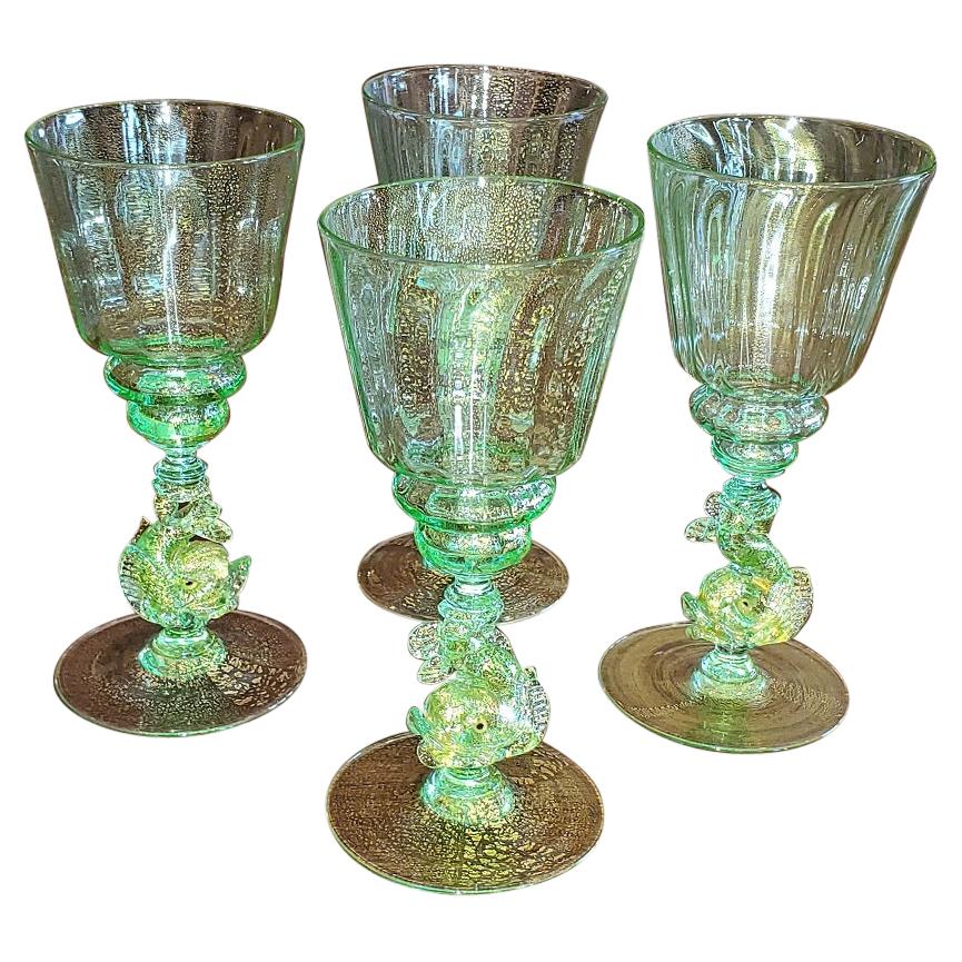 Set of 4 Salviati Venetian Glass Medium Wine Goblets