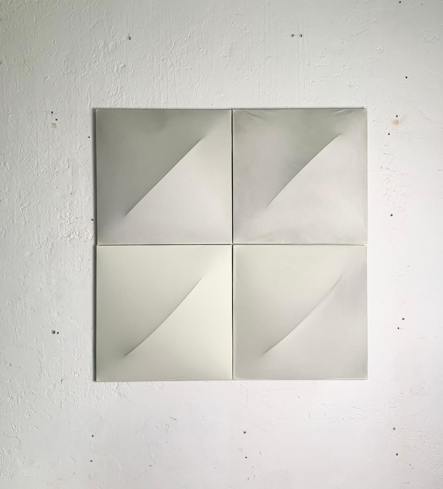 Set of 4 “Saori” wall or ceiling lamps, design by Kazuhide Takahama for Sirrah, 1970s, Italia
Lacquered aluminum frame, covered in stretched fabric. Each element measures 62x62 cm and can be installed individually or in modular compositions. 
The