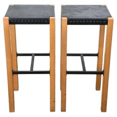 Set of 4 Scandinavian bar stools with black leather seat and Solid Birch legs