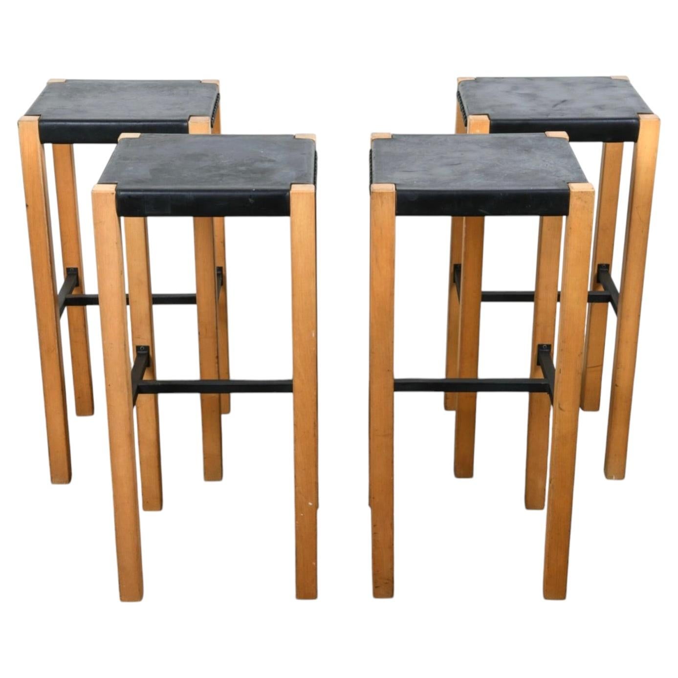 Set of 4 Scandinavian bar stools with black leather seat and Solid Birch legs For Sale