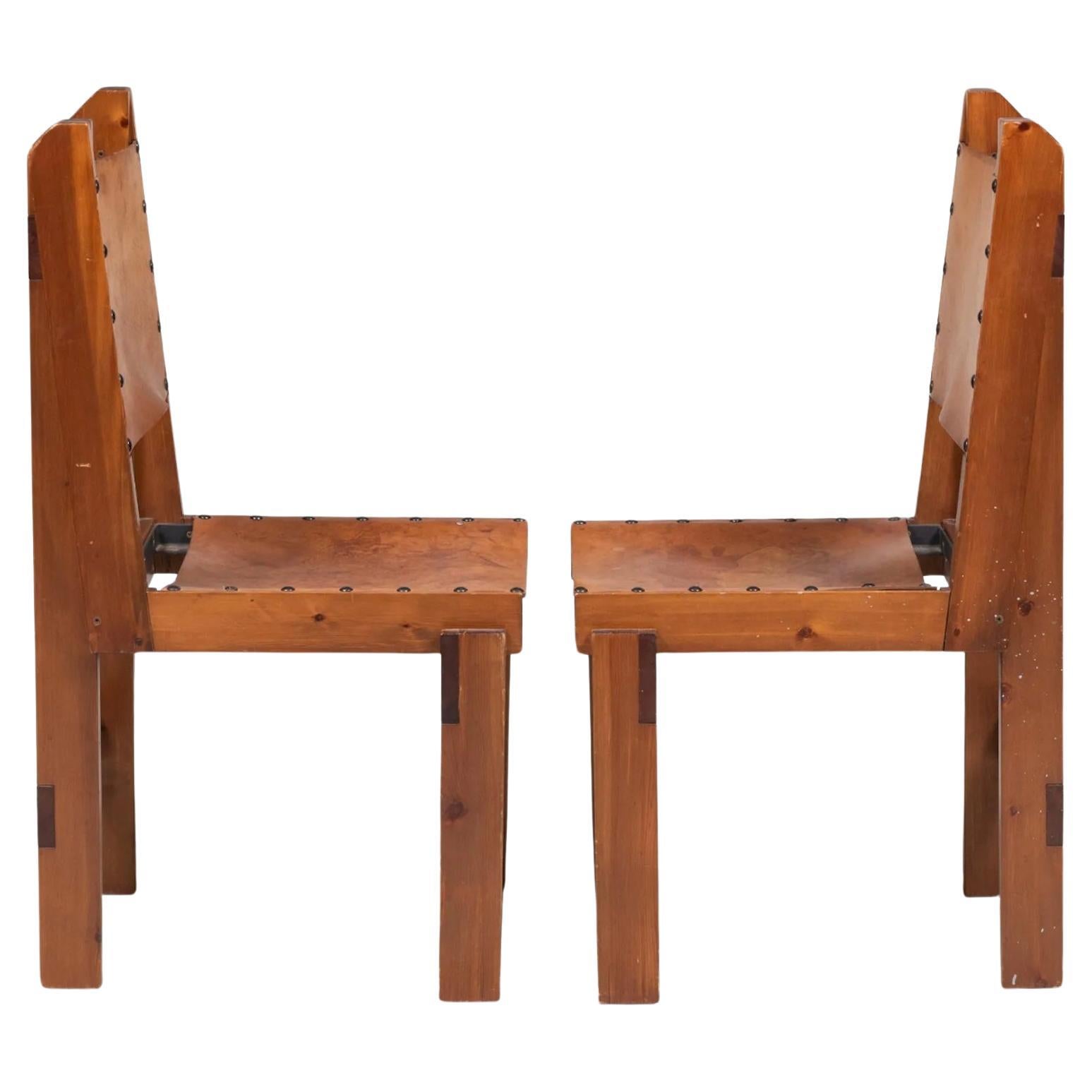 Norwegian Set of 4 Scandinavian Modern Brutalist Sling Tan leather dining chairs For Sale