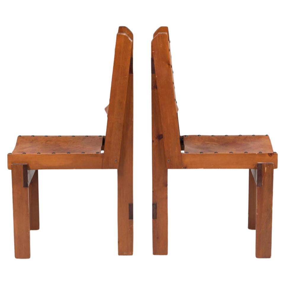 Woodwork Set of 4 Scandinavian Modern Brutalist Sling Tan leather dining chairs For Sale