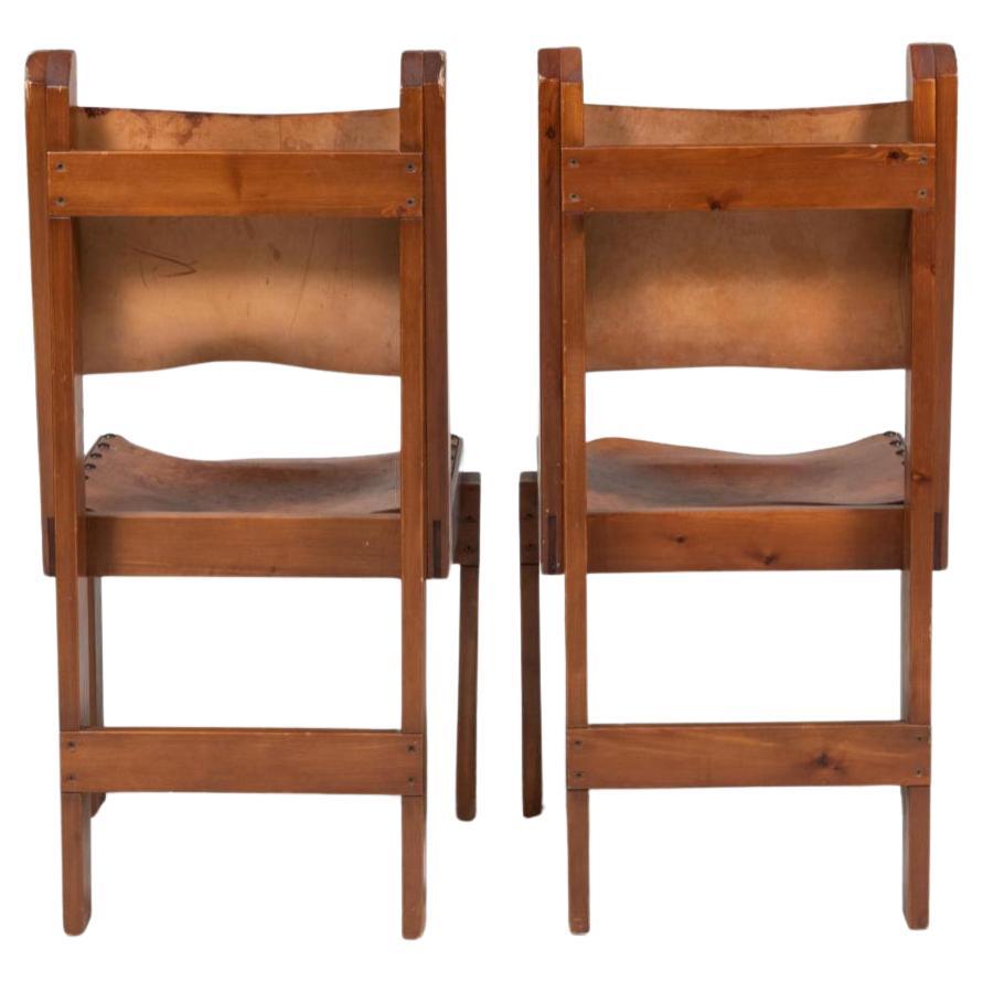Travail du bois Ensemble de 4 chaises de salle à manger scandinaves modernes et brutalistes en cuir brun clair en vente