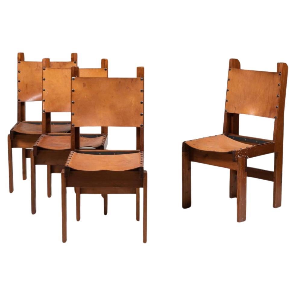 Set of 4 Scandinavian Modern Brutalist Sling Tan leather dining chairs For Sale