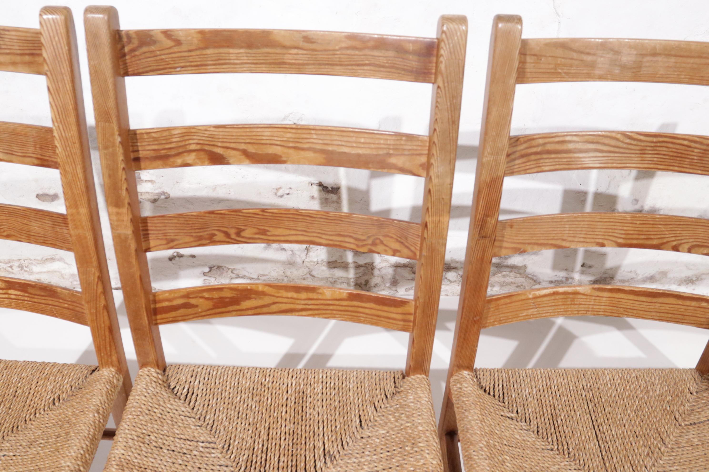 4 Scandinavian Mid century Pine and Seagrass Chairs For Sale 5