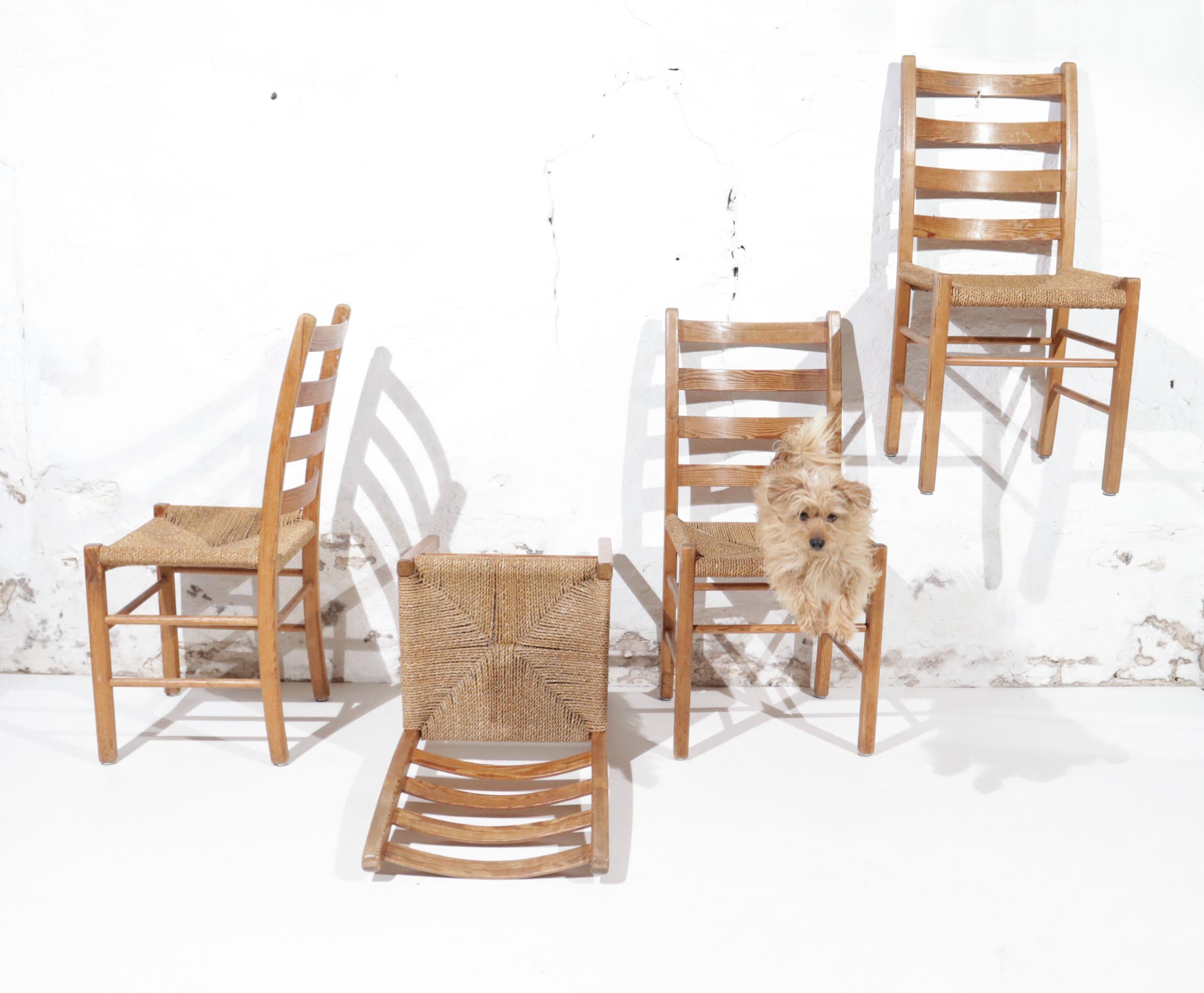 Mid-20th Century 4 Scandinavian Mid century Pine and Seagrass Chairs For Sale