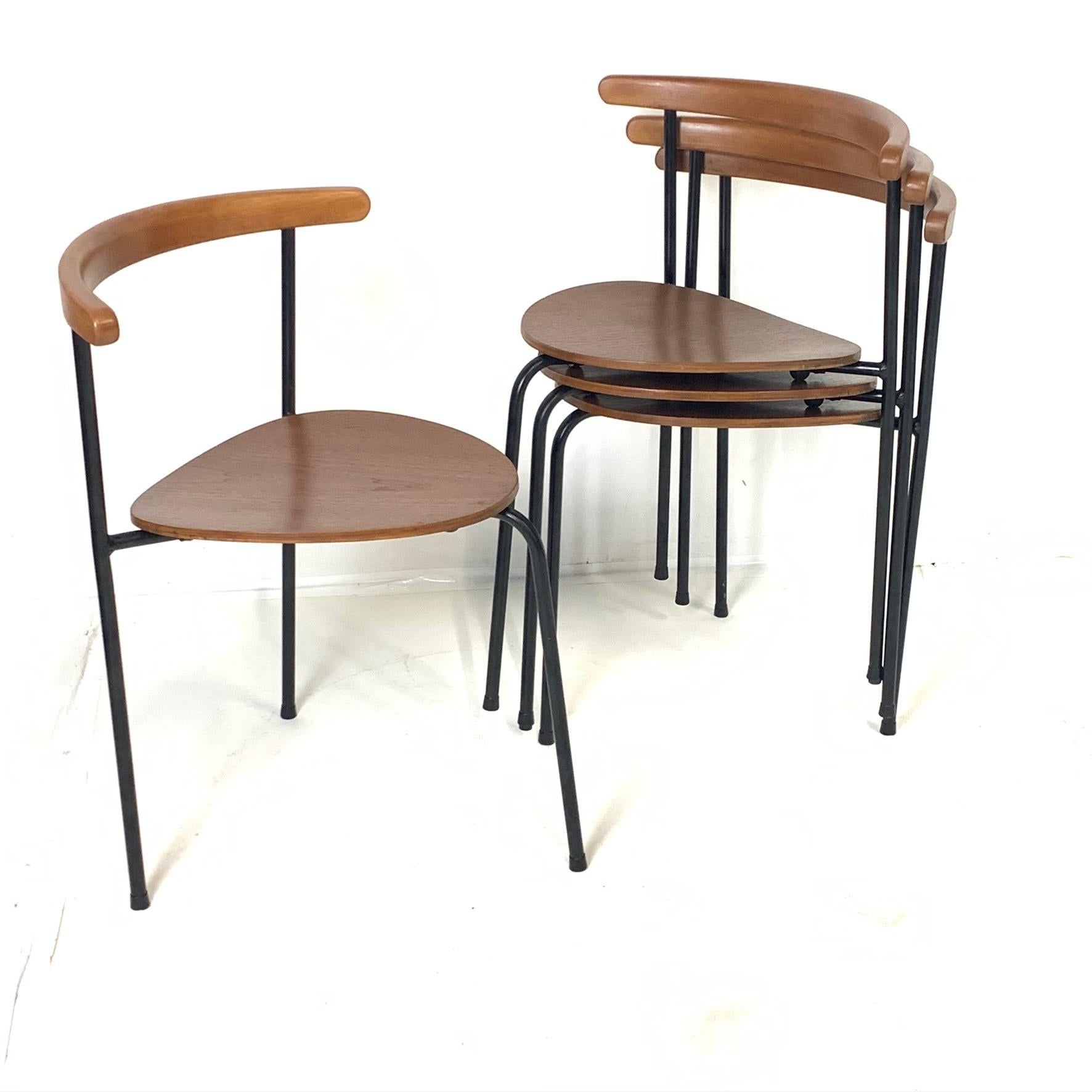 Set of 4 Scandinavian Stacking 3- Legged Teak, Beech, and Metal Dining Chairs 3