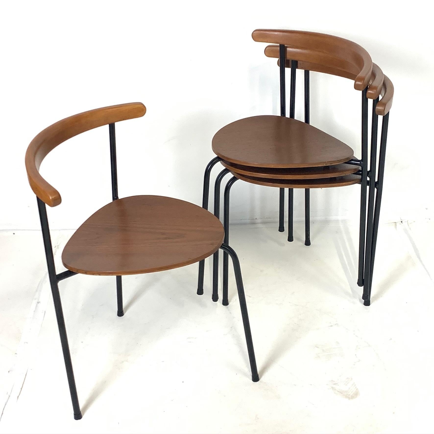 Set of 4 Scandinavian Stacking 3- Legged Teak, Beech, and Metal Dining Chairs 4