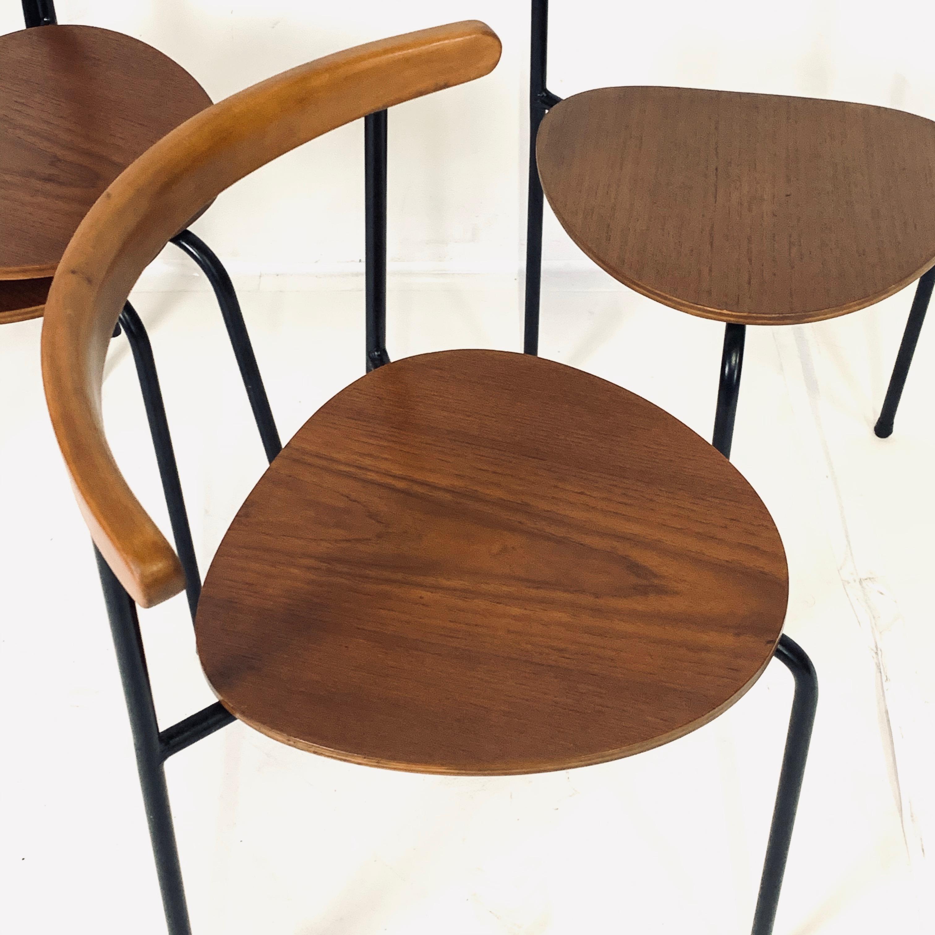 Stunning, smart, sculptural and space saving set of 4 Swedish Modern stacking chairs. These chairs look amazing stacked as well as individually. Perfect set to use as extra seating or stylish primary seating in a small space.
These chairs are