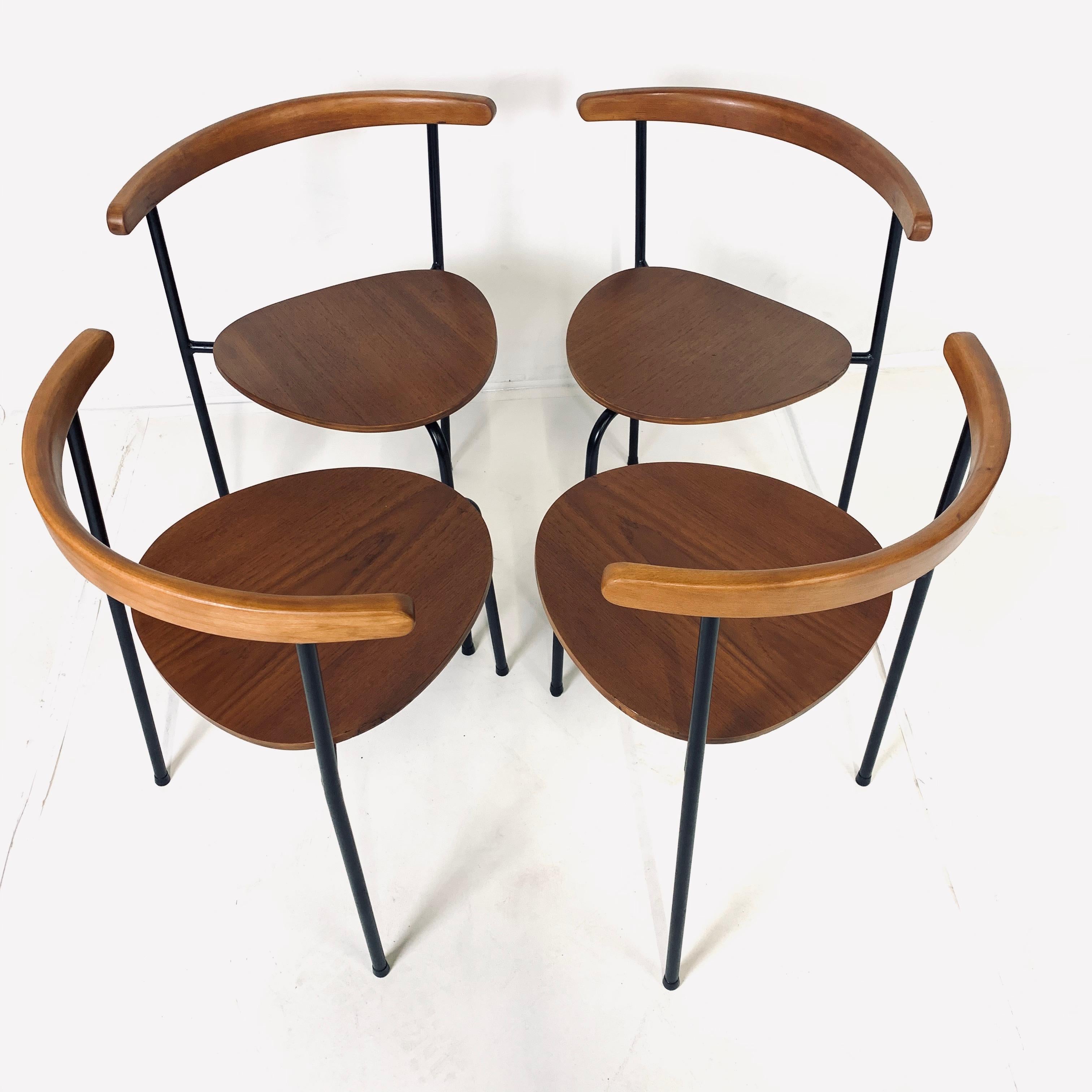 Swedish Set of 4 Scandinavian Stacking 3- Legged Teak, Beech, and Metal Dining Chairs