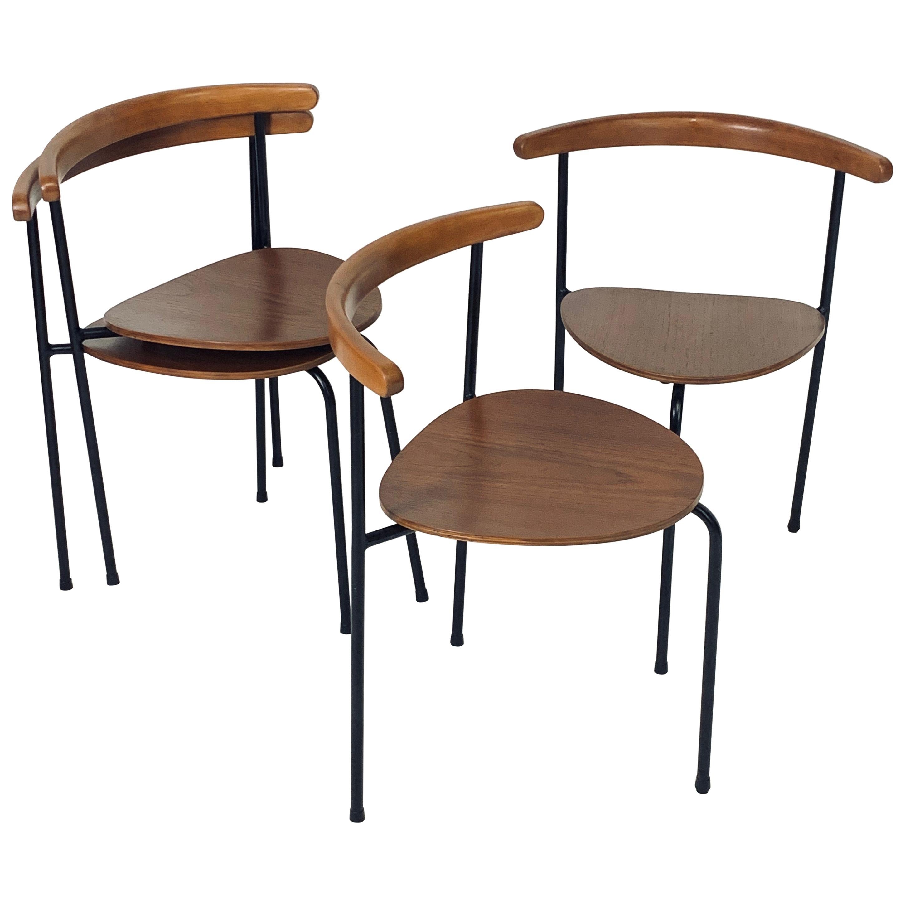 Set of 4 Scandinavian Stacking 3- Legged Teak, Beech, and Metal Dining Chairs