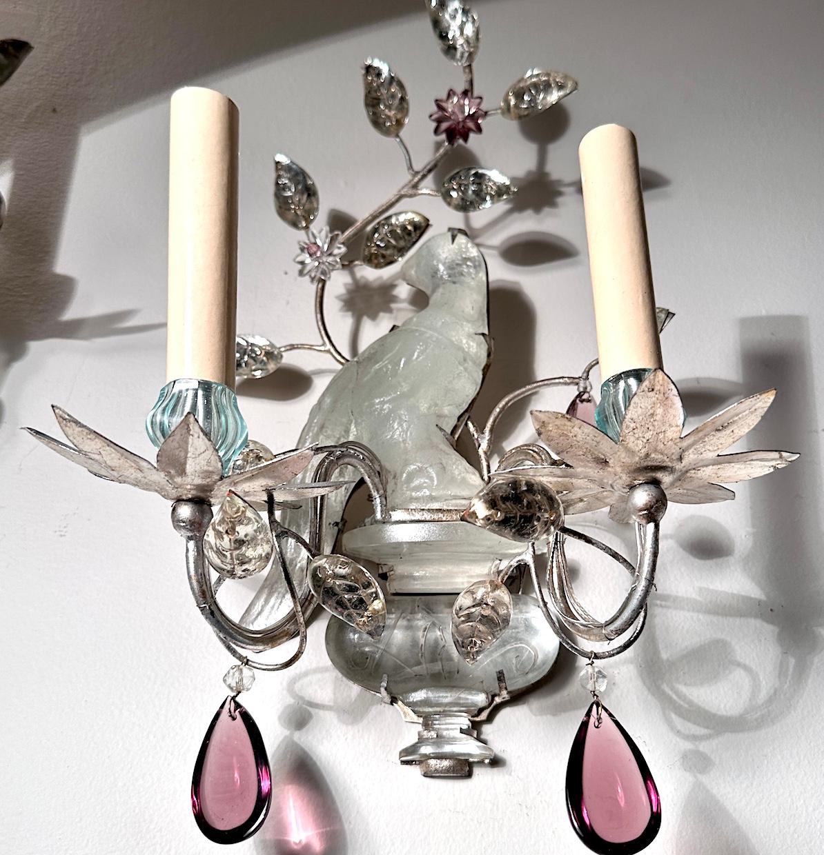 French Set of 4 Sconces with Birds Motif and Amethyst Crystals. Sold per pair For Sale