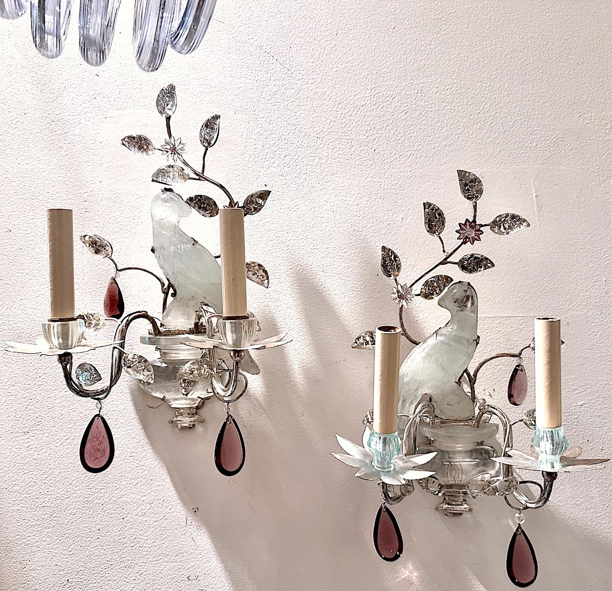 Set of 4 Sconces with Birds Motif and Amethyst Crystals. Sold per pair In Good Condition For Sale In New York, NY