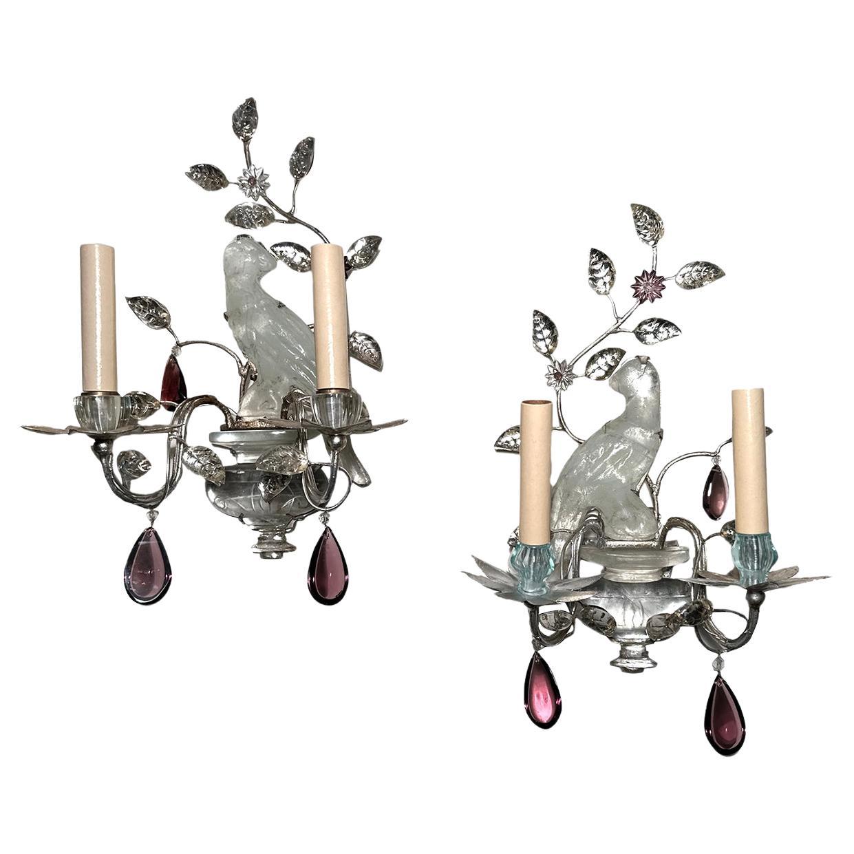 Set of 4 Sconces with Birds Motif and Amethyst Crystals. Sold per pair For Sale