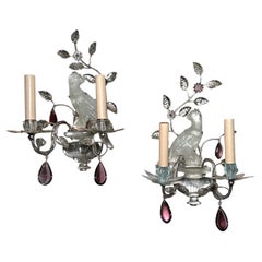 Set of 4 Sconces with Birds Motif and Amethyst Crystals. Sold per pair