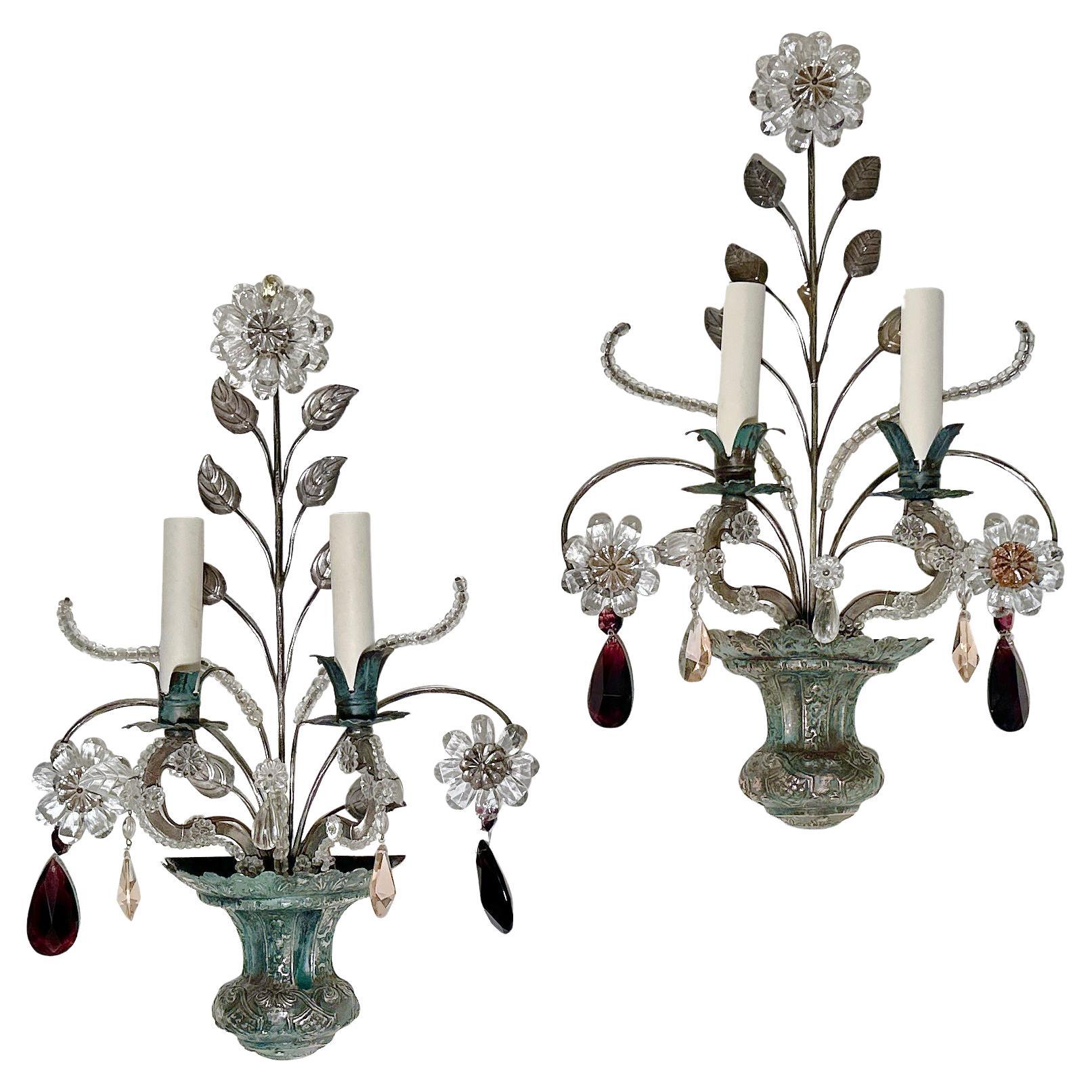Set of 4 Sconces with Crystal Flowers and Leaves, Sold in Pairs
