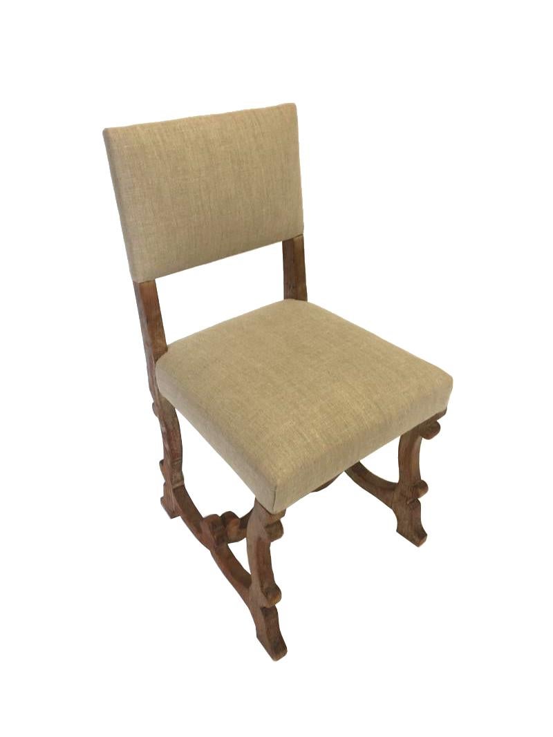 Arts and Crafts Set of 4 Scottish Arts & Crafts Limed Oak Chairs Upholstered in Natural Linen