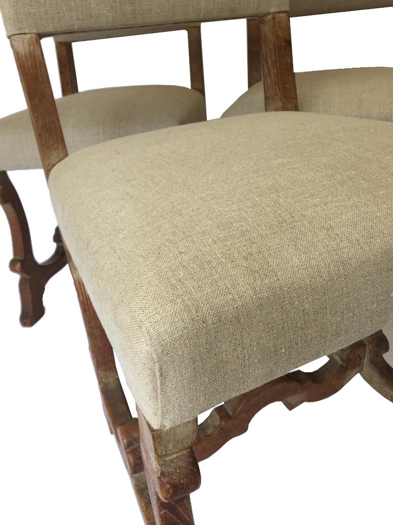 19th Century Set of 4 Scottish Arts & Crafts Limed Oak Chairs Upholstered in Natural Linen