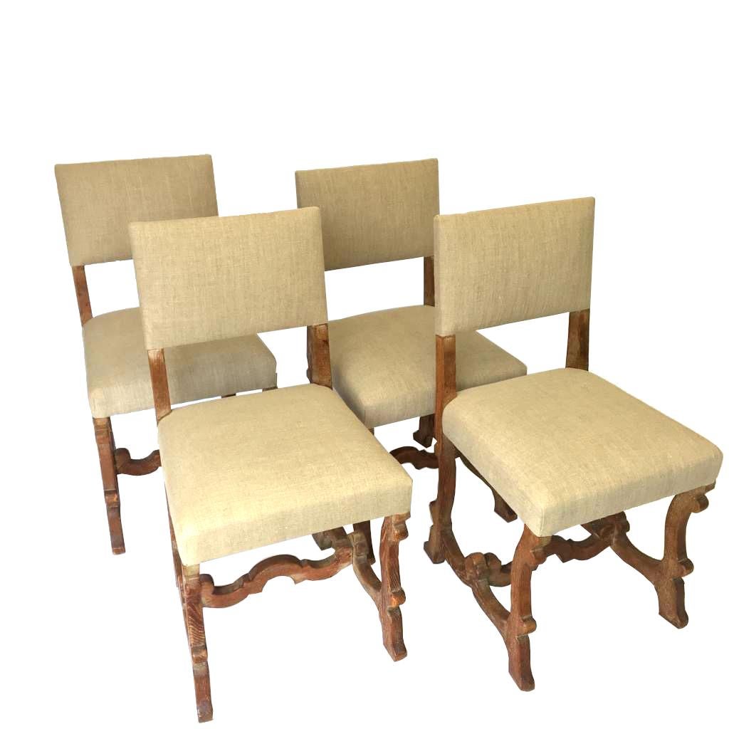 Set of 4 Scottish Arts & Crafts Limed Oak Chairs Upholstered in Natural Linen 1
