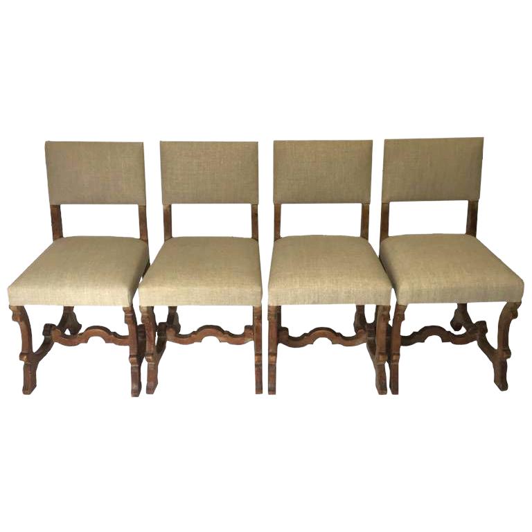Set of 4 Scottish Arts & Crafts Limed Oak Chairs Upholstered in Natural Linen