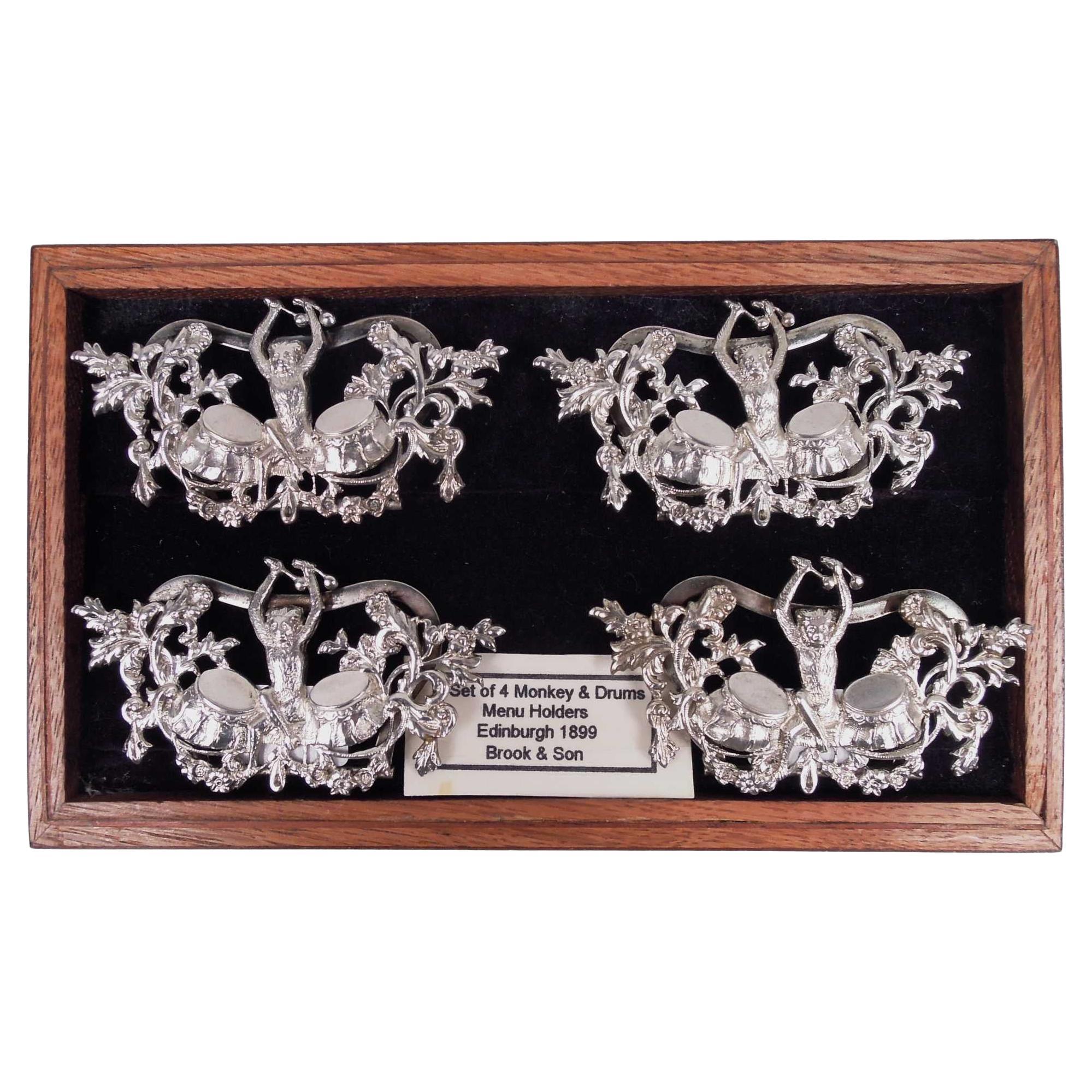 Set of 4 Scottish Victorian Drumming Monkey Place Card Holders, 1899