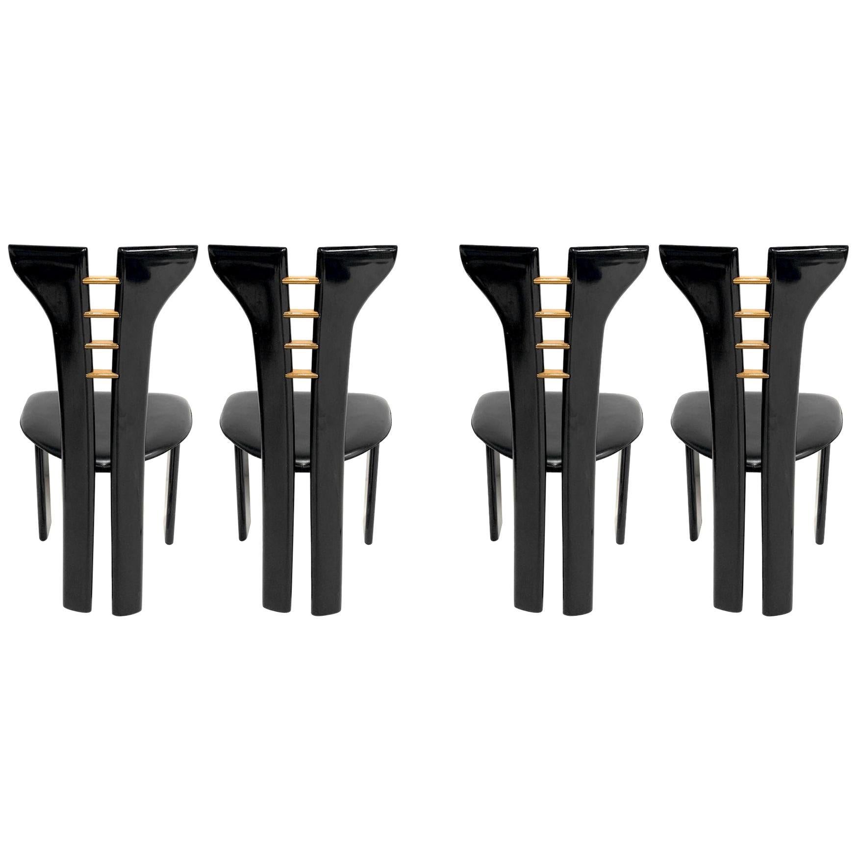 Set of 4 Sculptural 1970s Black Lacquer Pierre Cardin Chairs with Leather Seats