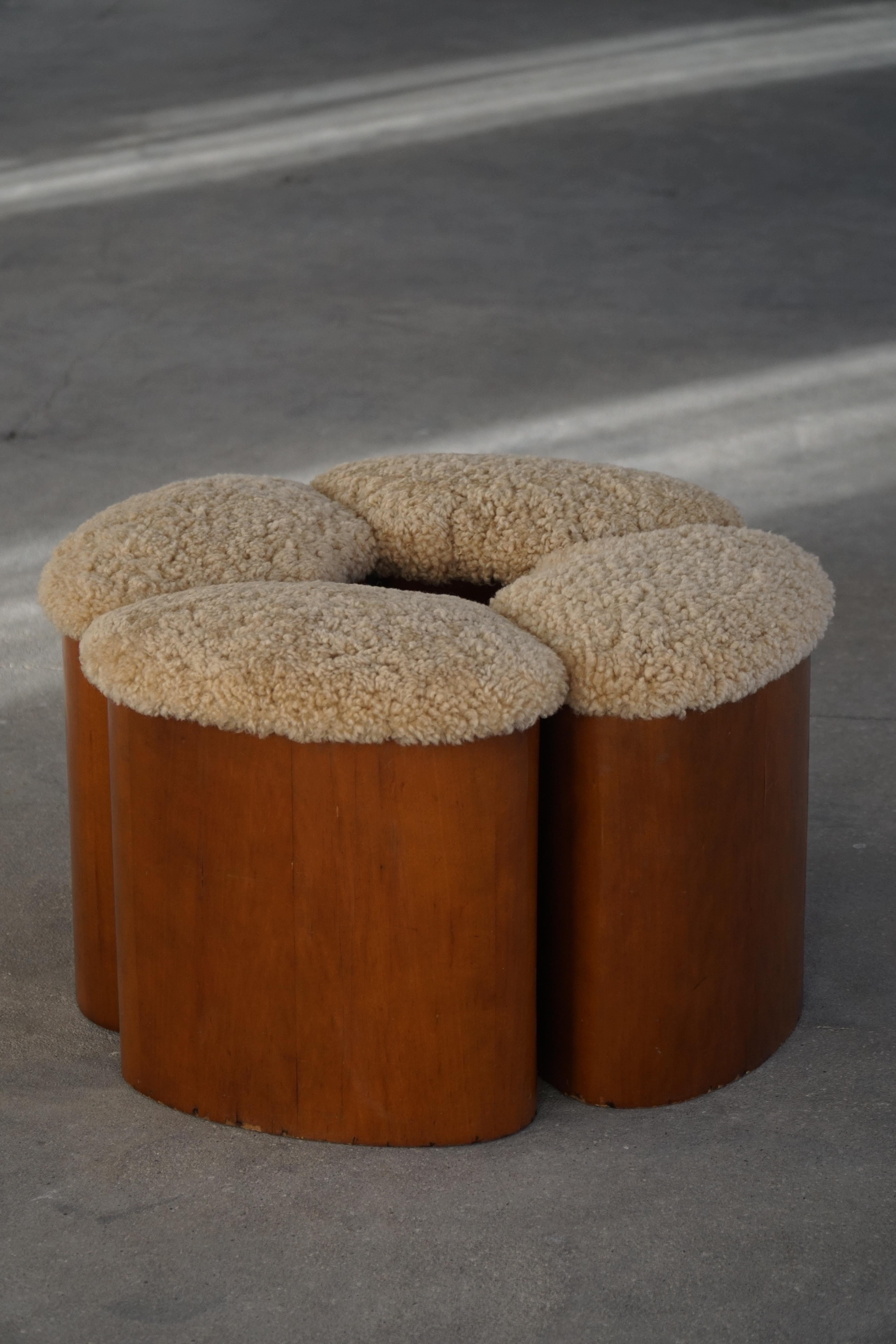 Set of 4 Sculptural French Art Deco Stools in Wood & Lambswool, 1940s For Sale 3