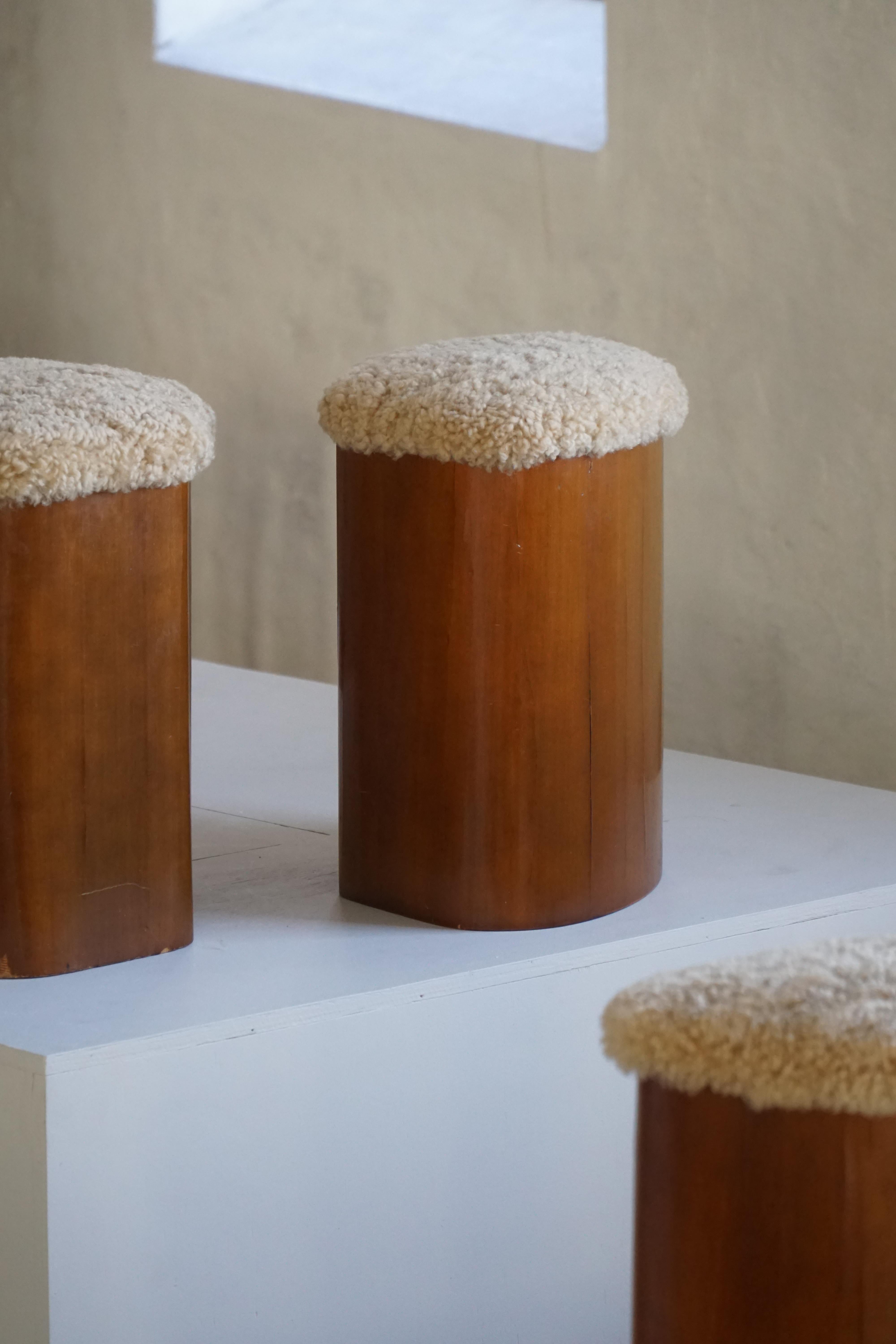 Set of 4 Sculptural French Art Deco Stools in Wood & Lambswool, 1940s For Sale 4