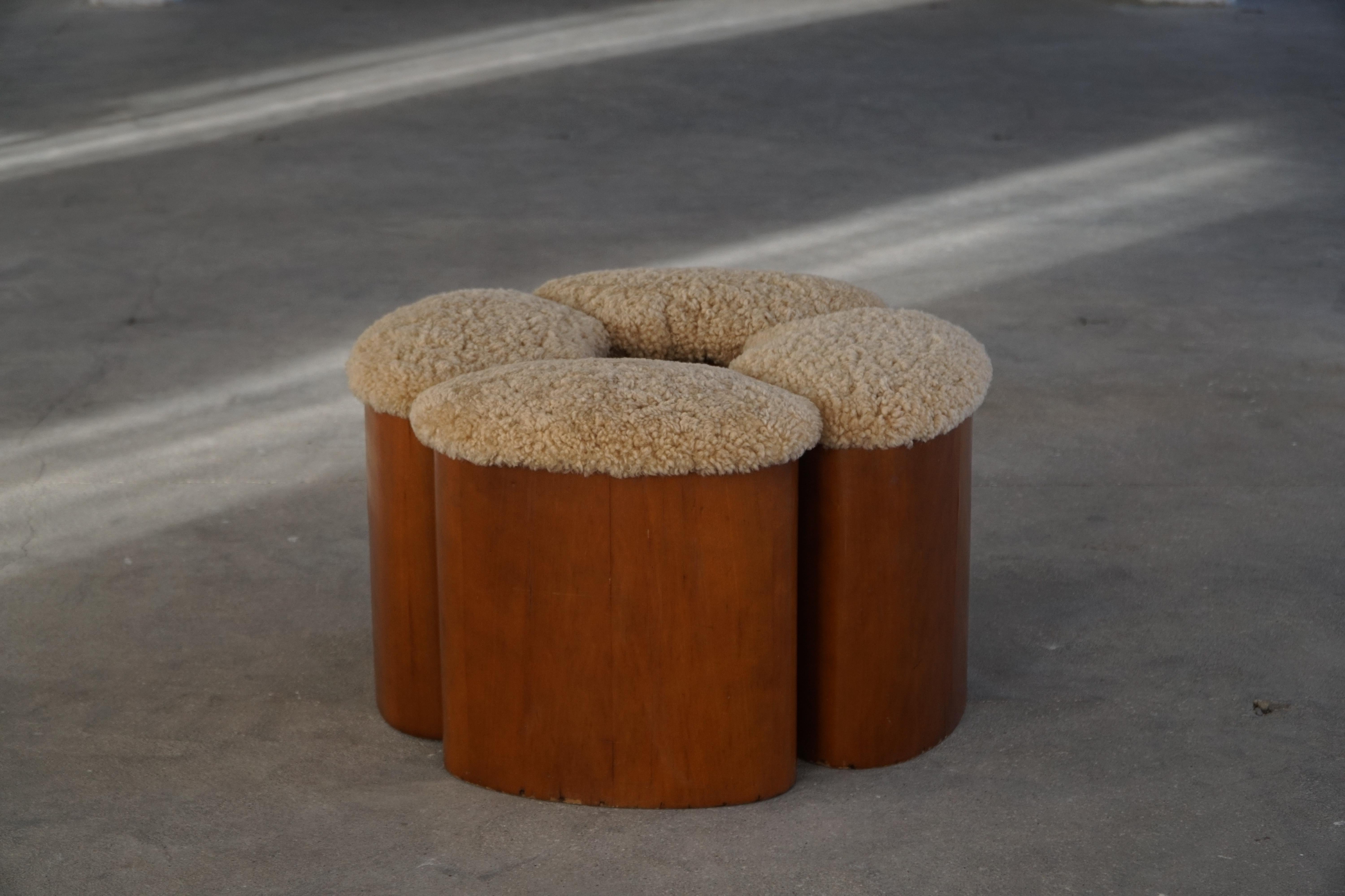 Set of 4 Sculptural French Art Deco Stools in Wood & Lambswool, 1940s For Sale 5