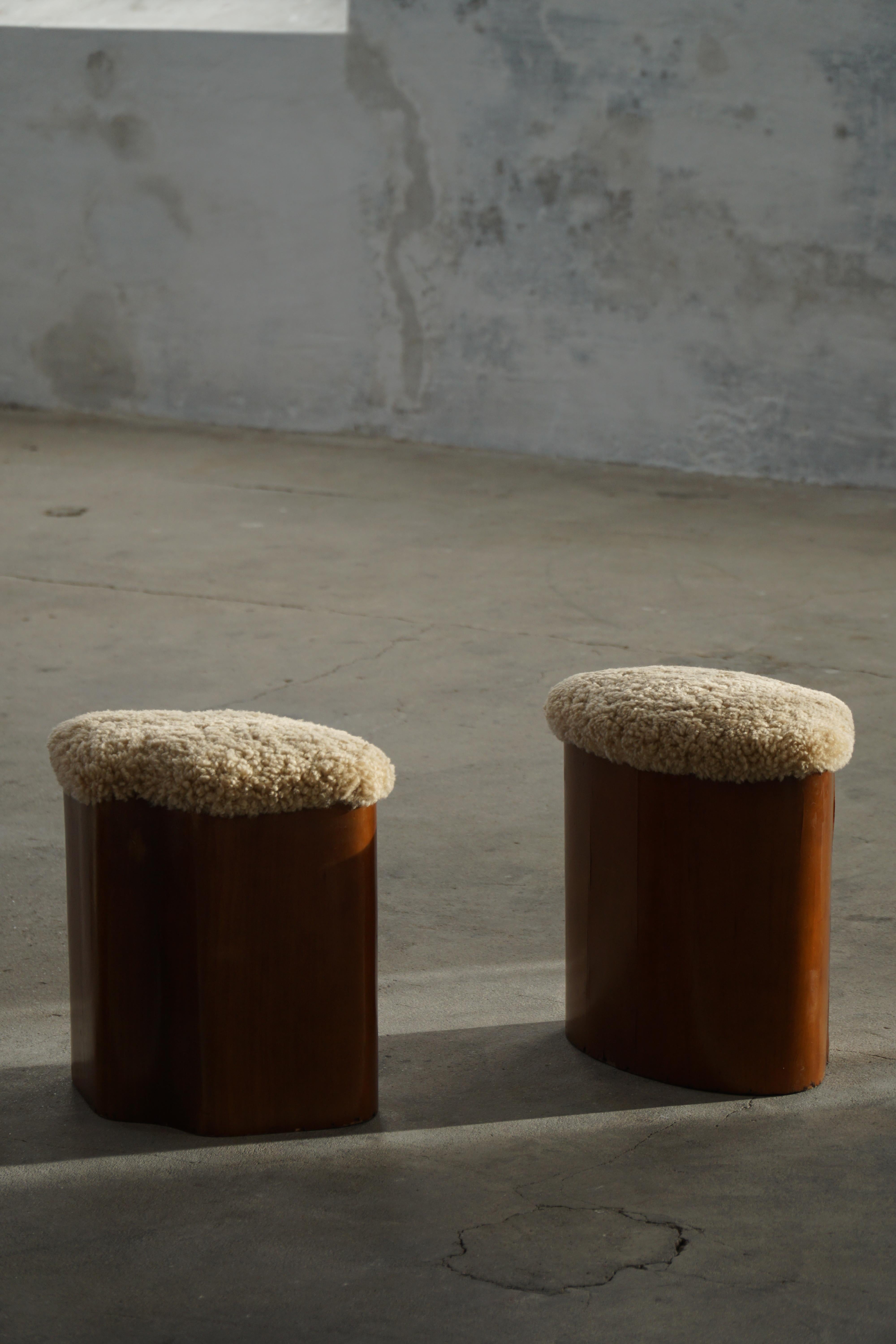 Set of 4 Sculptural French Art Deco Stools in Wood & Lambswool, 1940s For Sale 6