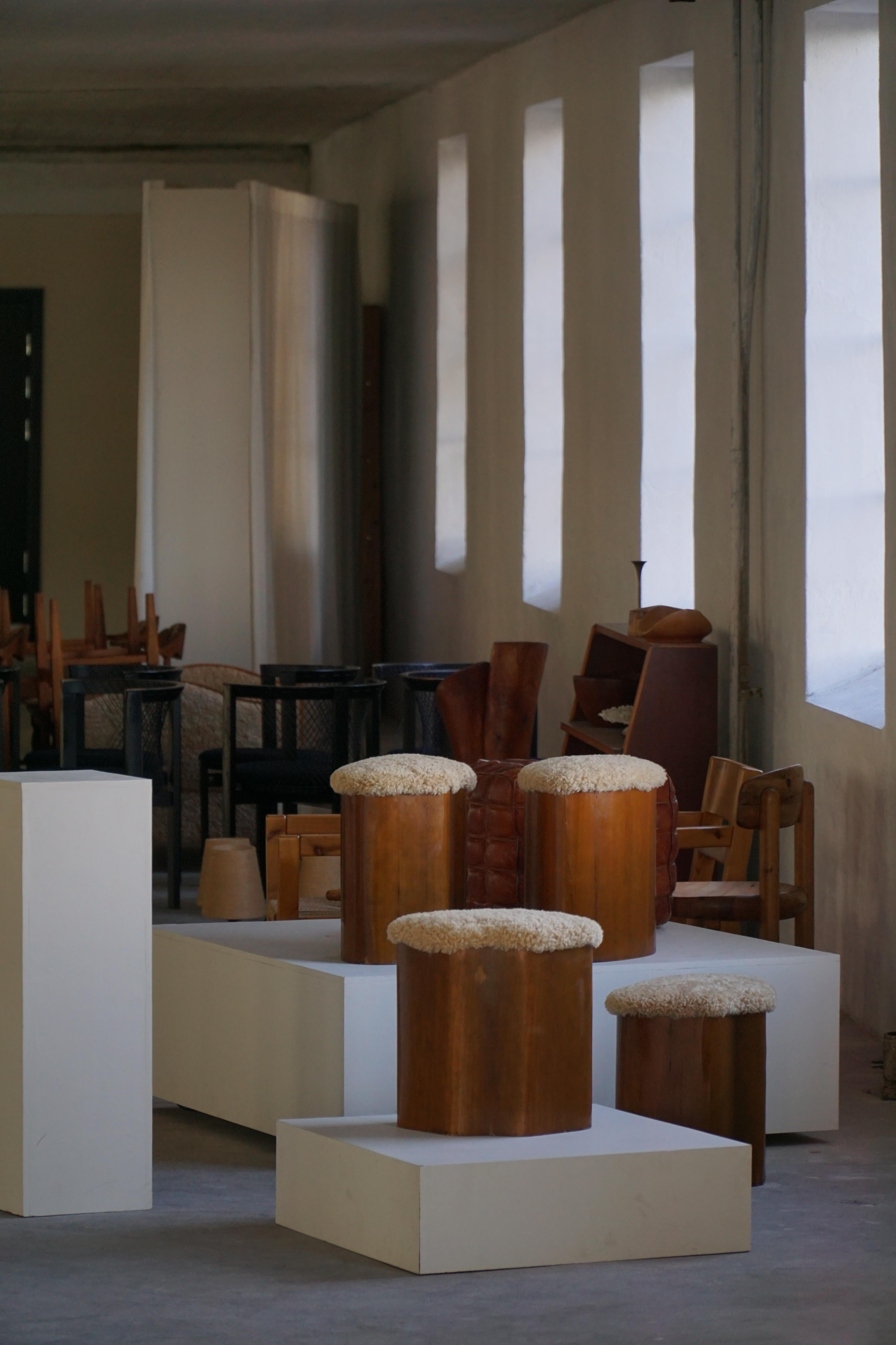 Set of 4 Sculptural French Art Deco Stools in Wood & Lambswool, 1940s For Sale 7