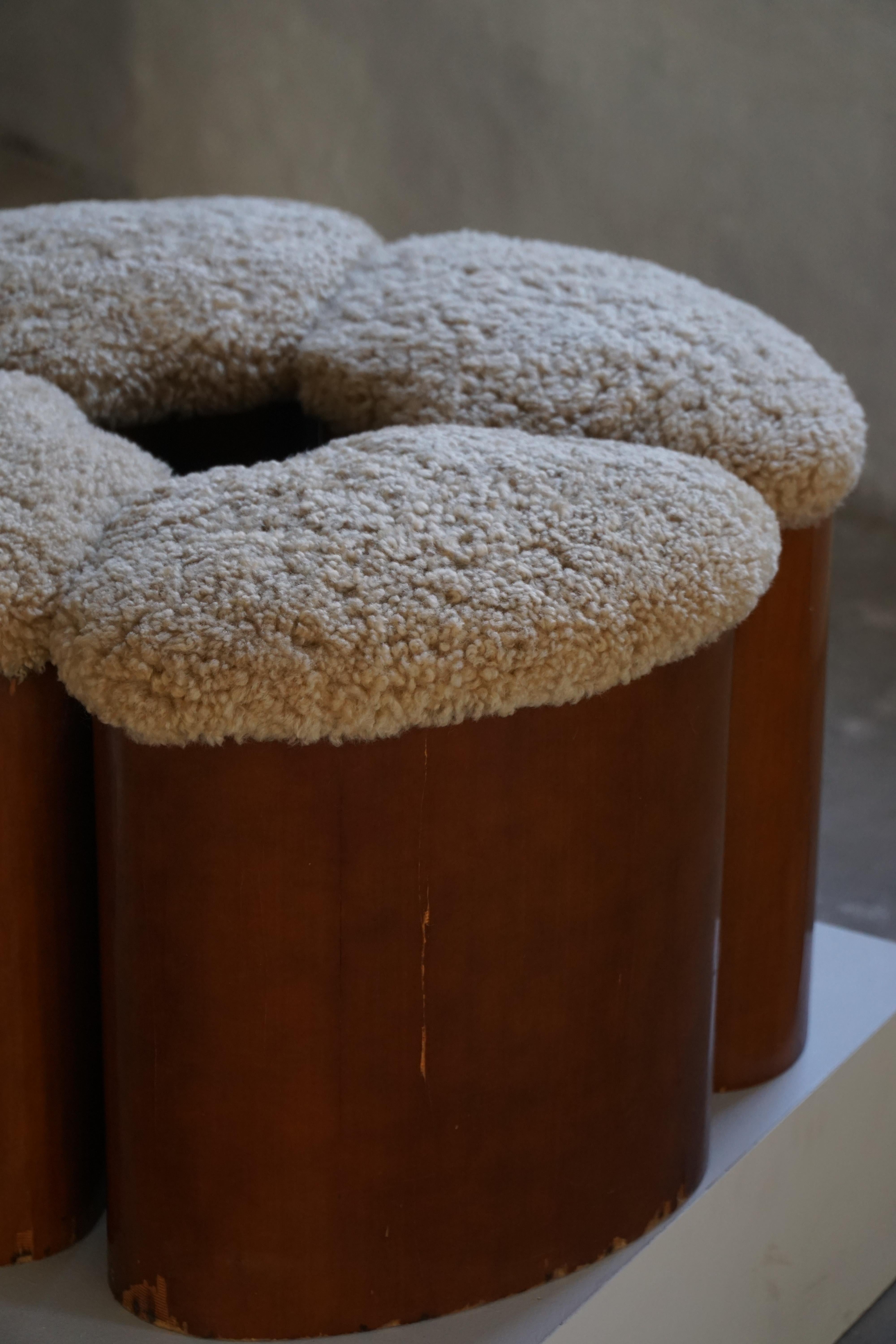 Set of 4 Sculptural French Art Deco Stools in Wood & Lambswool, 1940s For Sale 11