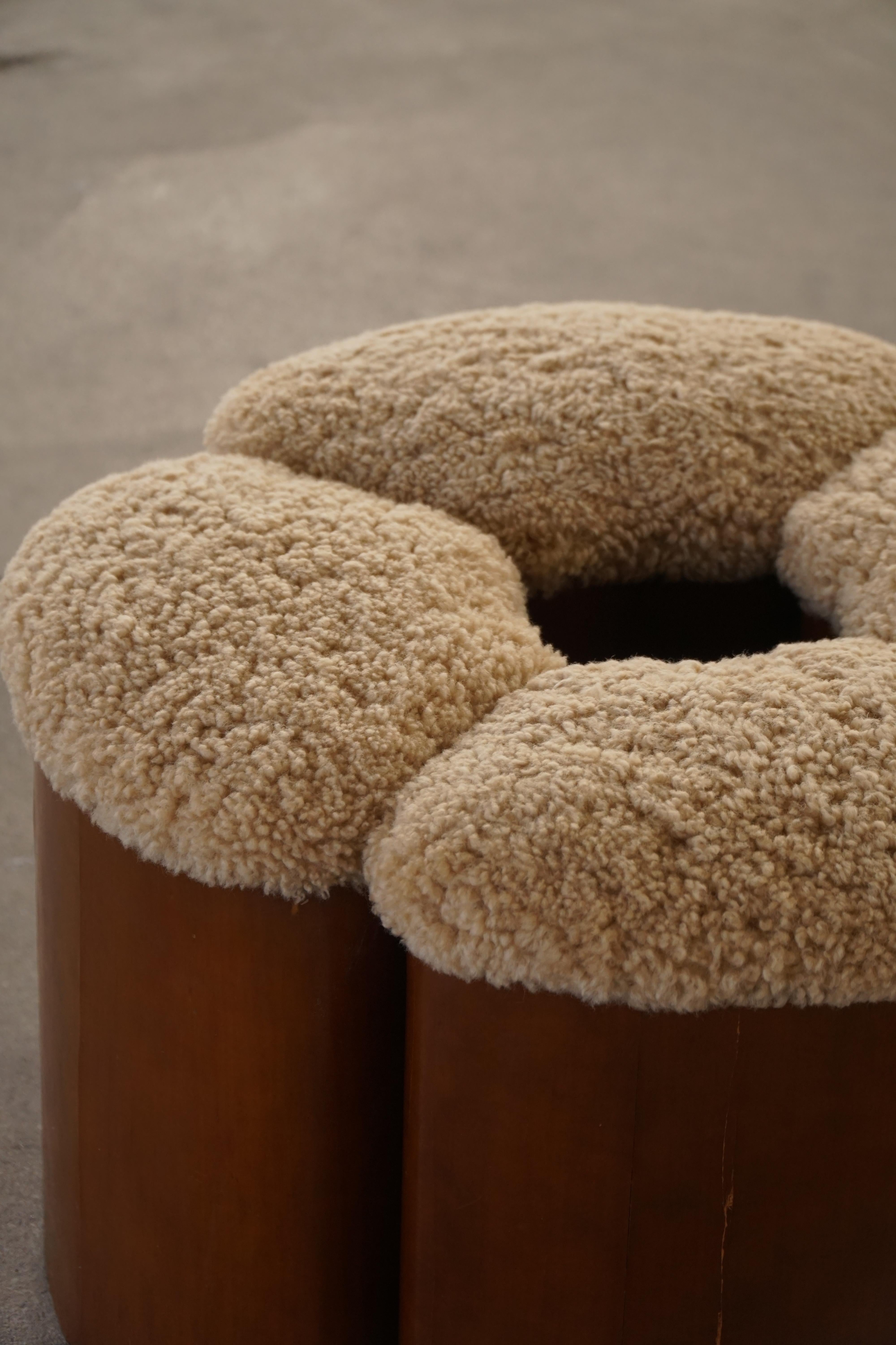 Scandinavian Modern Set of 4 Sculptural French Art Deco Stools in Wood & Lambswool, 1940s For Sale