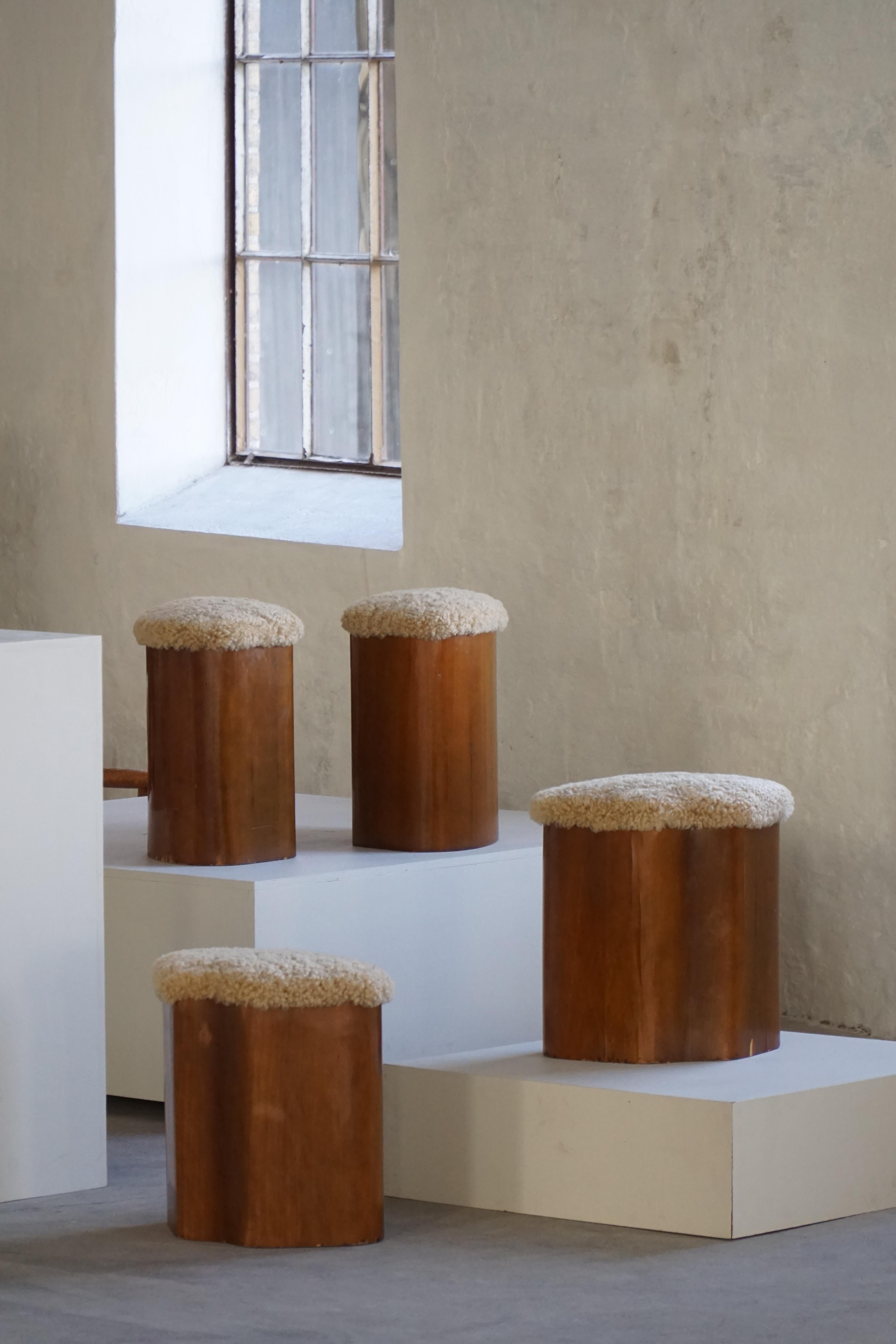 Scandinavian Set of 4 Sculptural French Art Deco Stools in Wood & Lambswool, 1940s For Sale