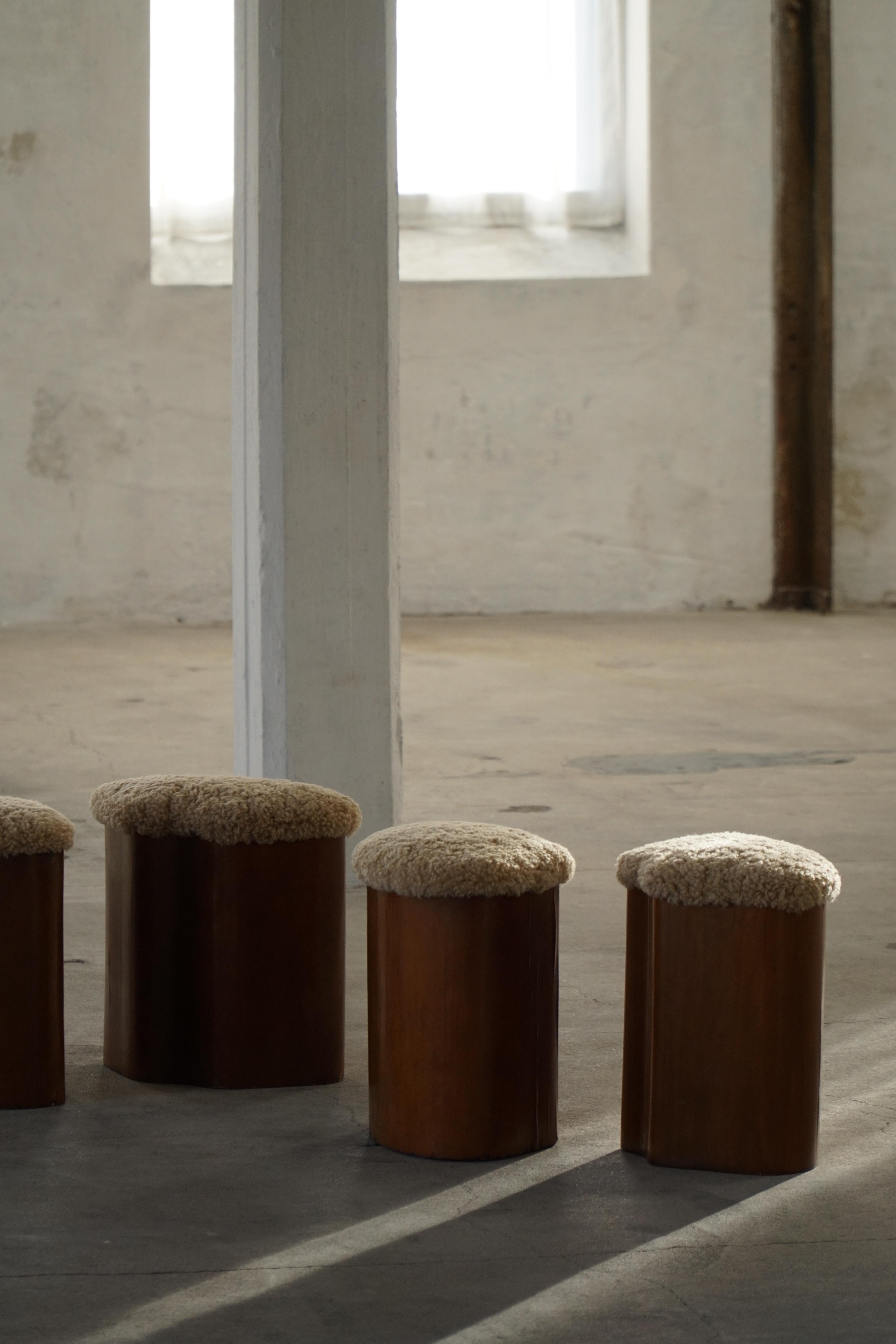 Set of 4 Sculptural French Art Deco Stools in Wood & Lambswool, 1940s In Fair Condition For Sale In Odense, DK