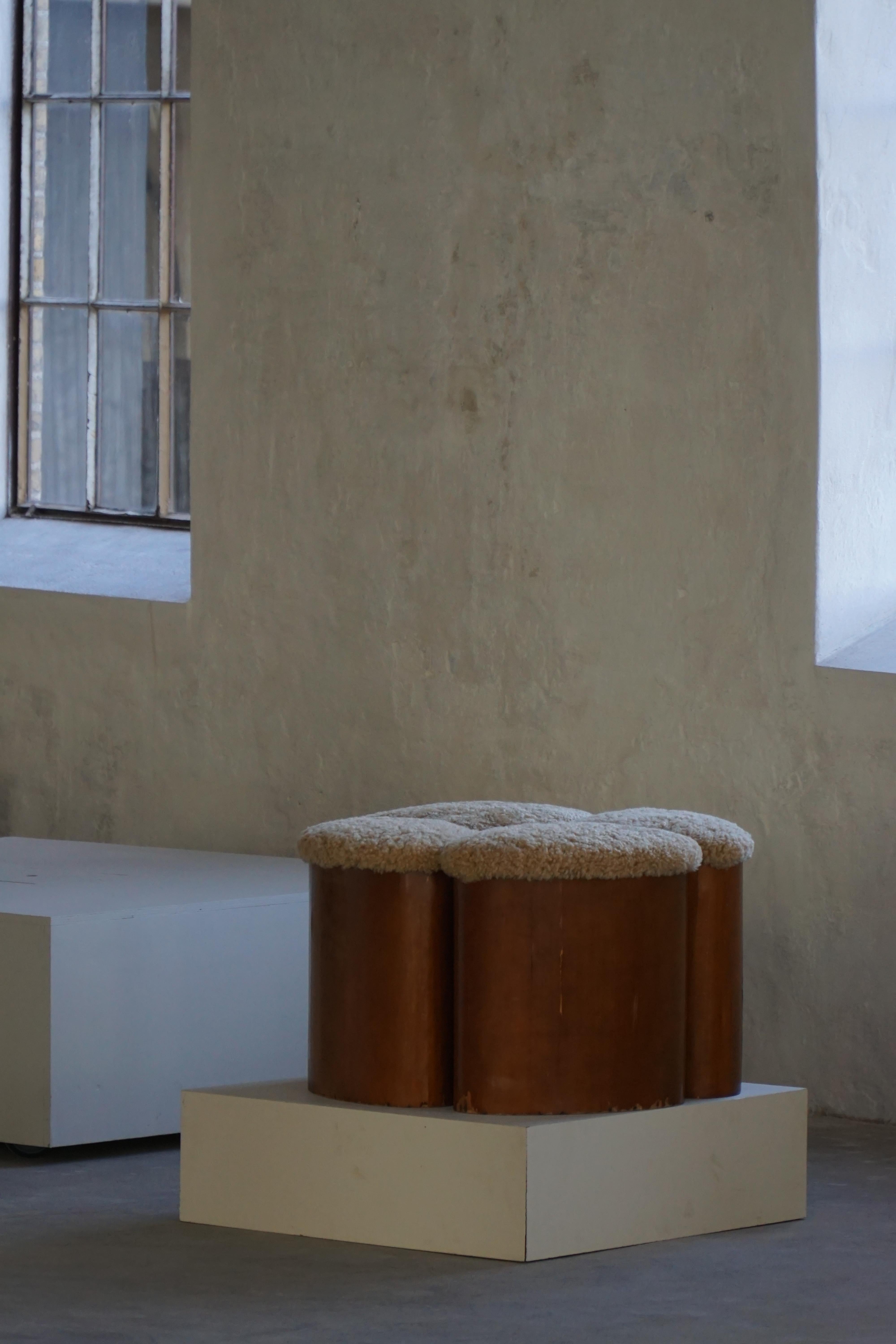 20th Century Set of 4 Sculptural French Art Deco Stools in Wood & Lambswool, 1940s For Sale