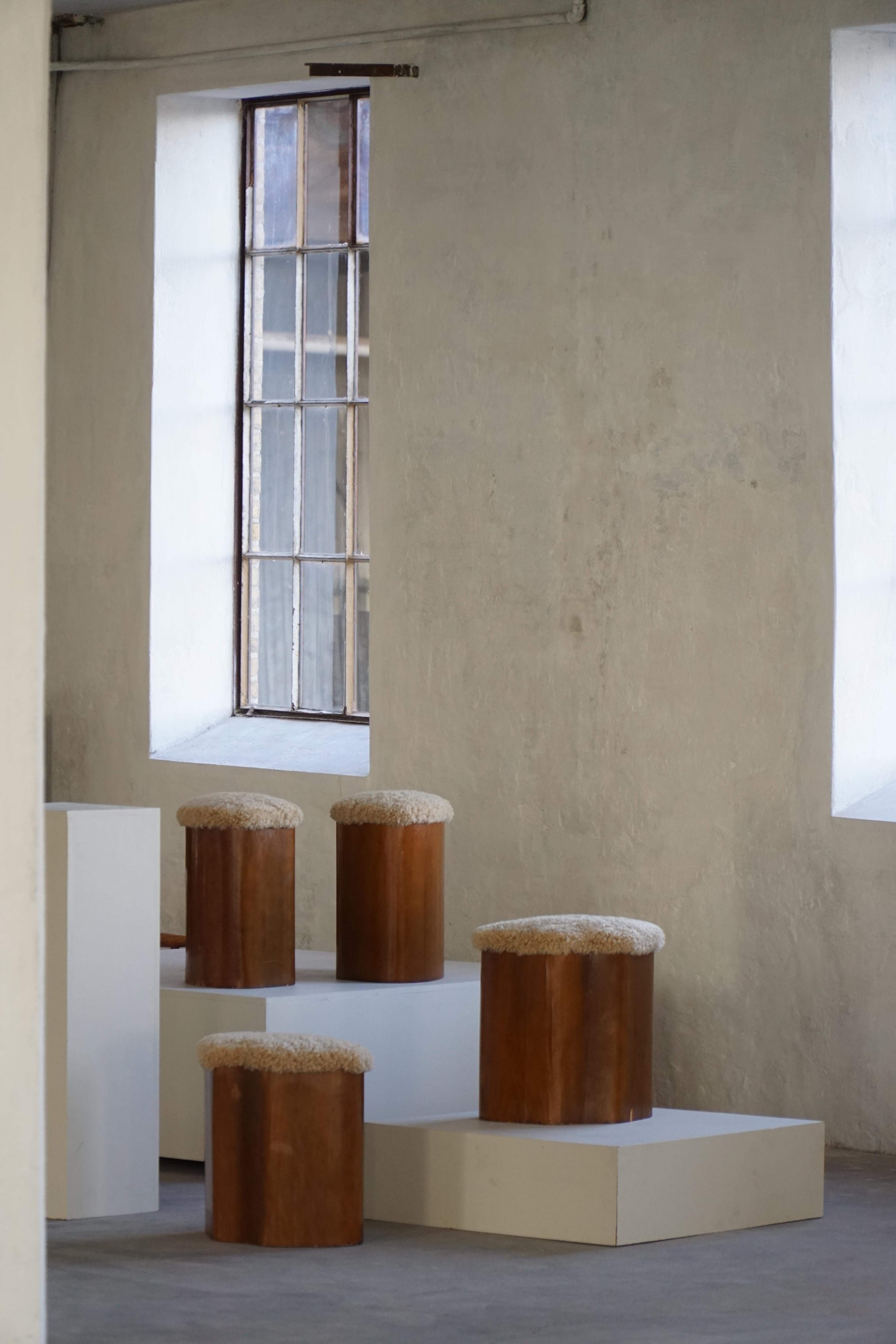 Lambskin Set of 4 Sculptural French Art Deco Stools in Wood & Lambswool, 1940s For Sale