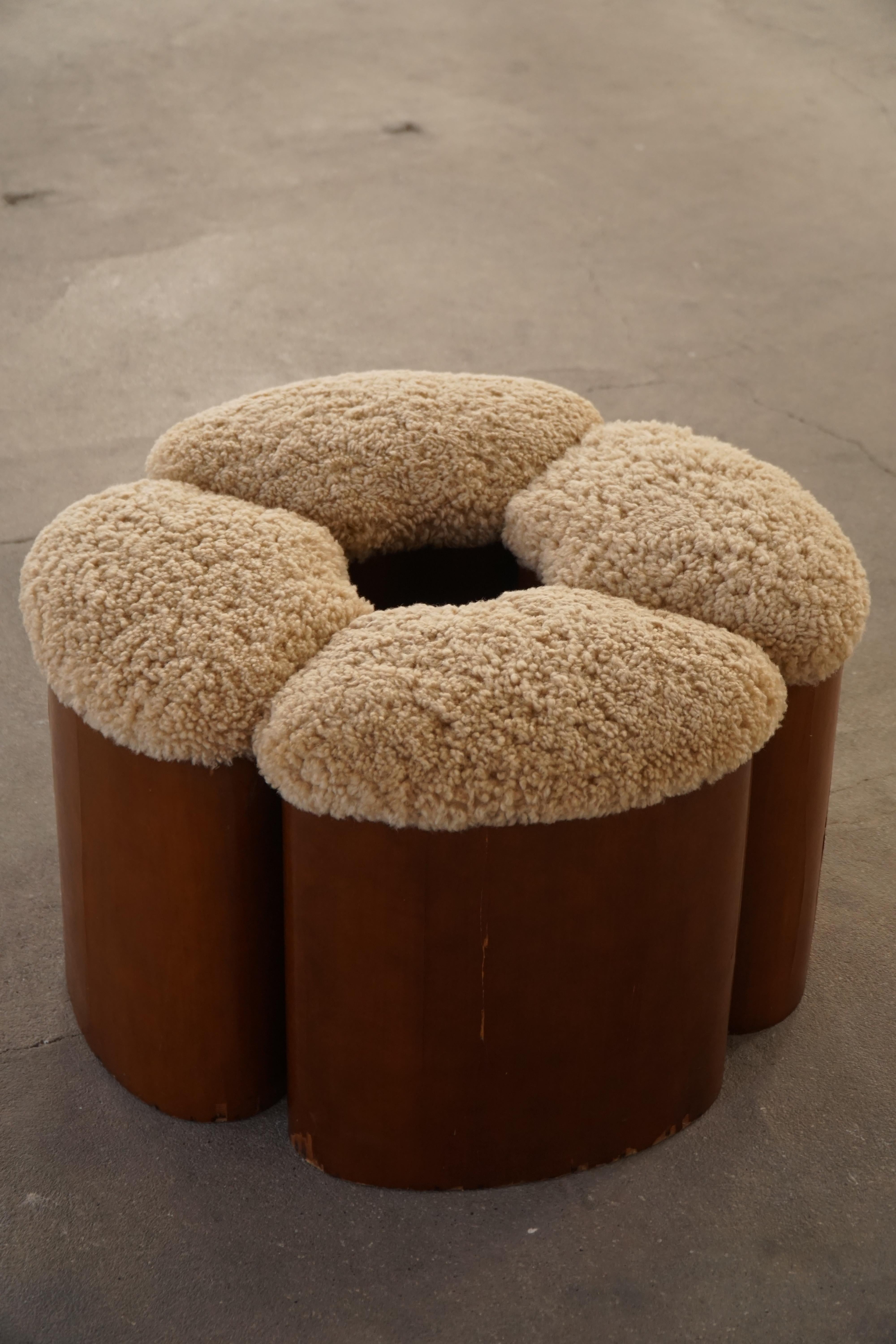 Set of 4 Sculptural French Art Deco Stools in Wood & Lambswool, 1940s For Sale 2