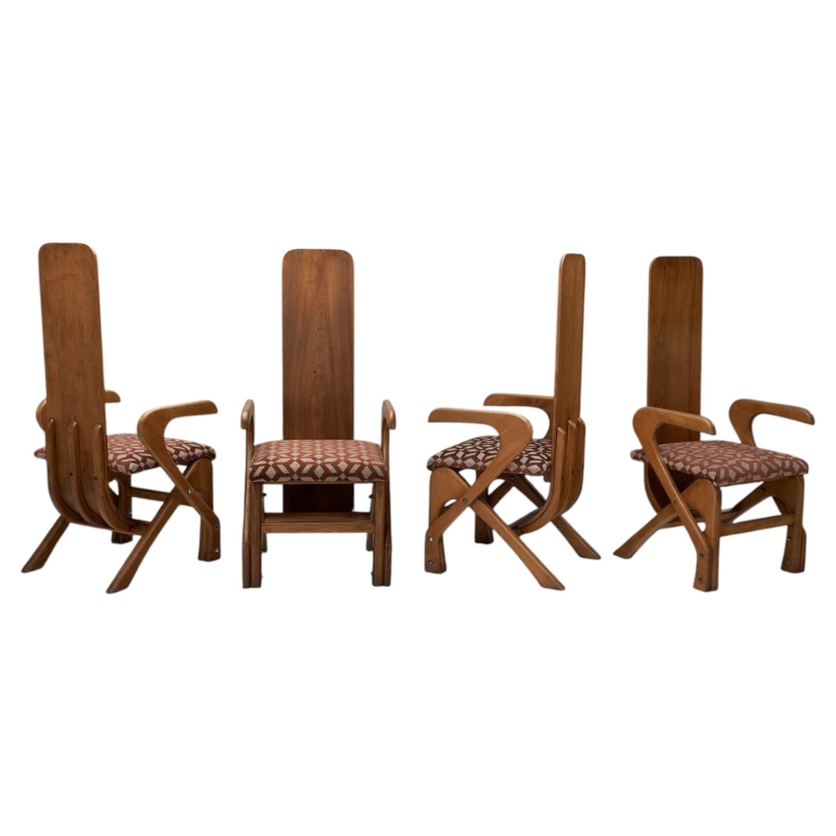 Set of 4 Sculptural High Back Dining Chairs, Europe 1980s
