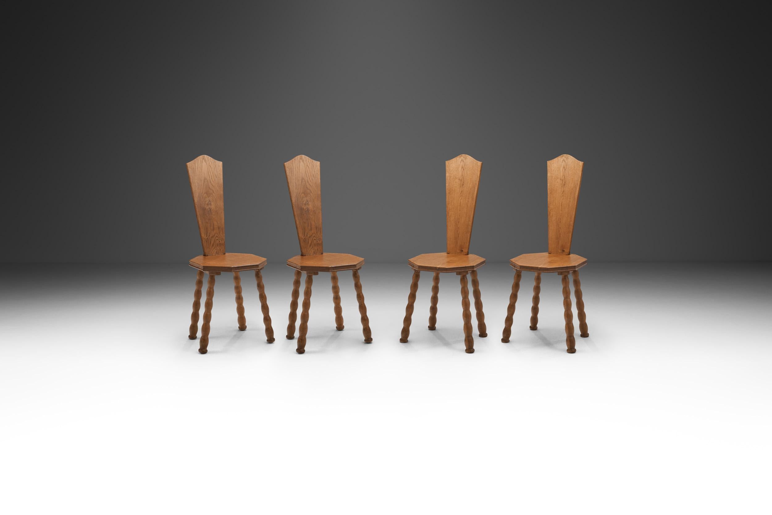 Modern Set of 4 Sculptural Patinated Oak Spinning Chairs, Europe ca early 20th century For Sale