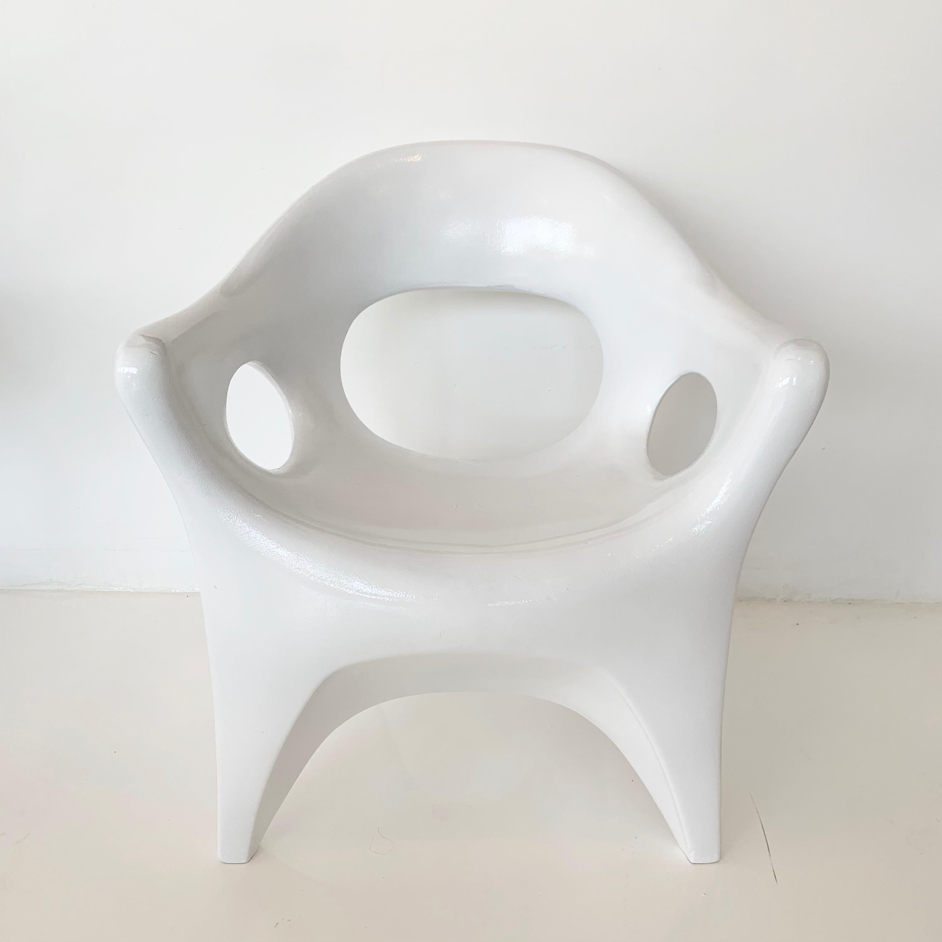 Rare white space age chairs. Designed by Mid-Century Modern designer John Gale.

Patented in 1963, each one has patent number stamped and John Gale logo. Design was used to develop Rotocast technology which was used later in the 1960s on other