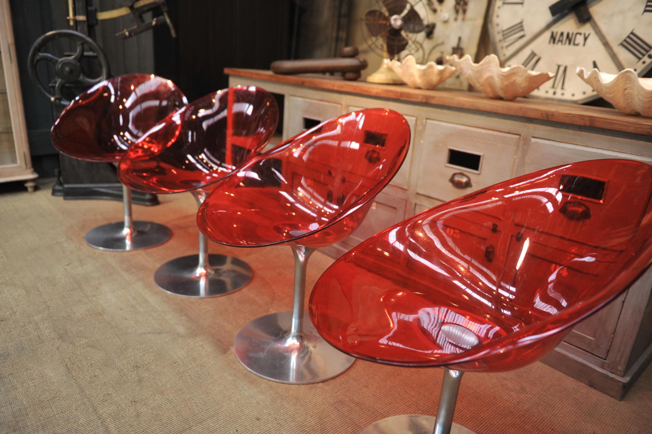 Set of 4 Seats in Orange Polycarbonate on Chrome Aluminium by Philippe Starck In Good Condition In Roubaix, FR